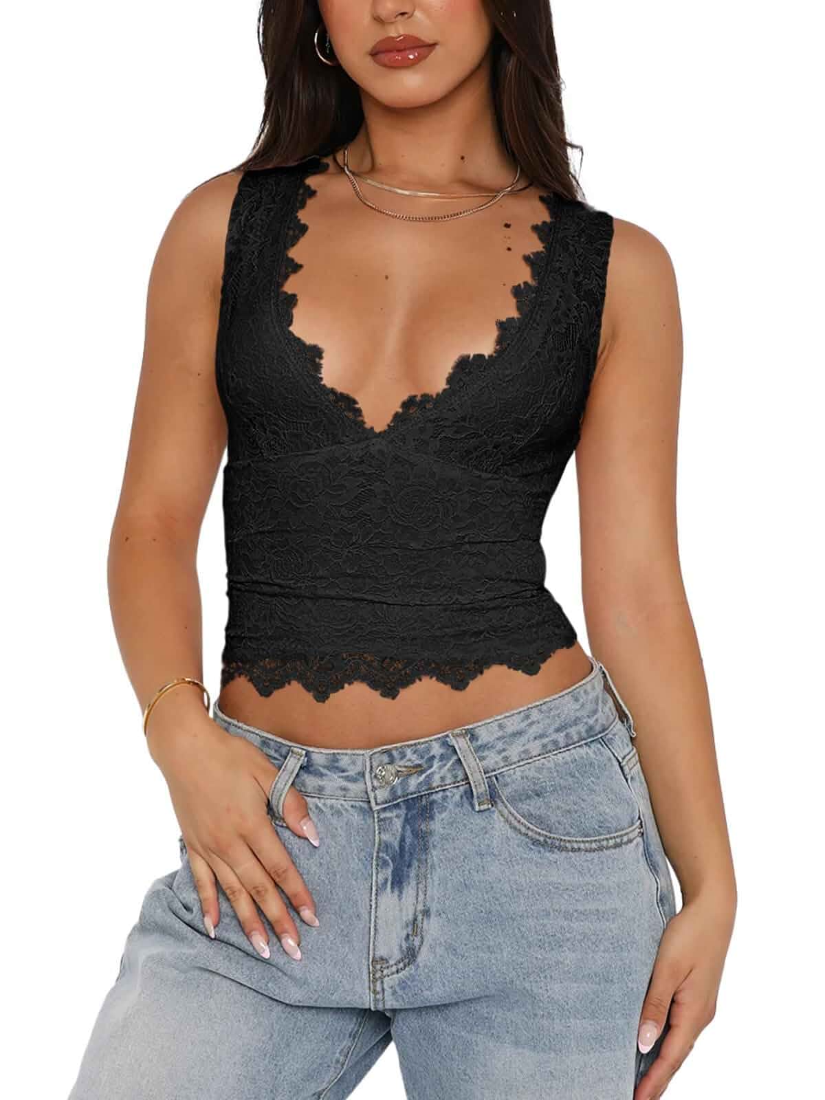 REORIA Womens Sexy V-Neck Sleeveless Double Lined Going Out Y2K Trendy Lace Cropped Tank Tops Sleeveless · Fitted