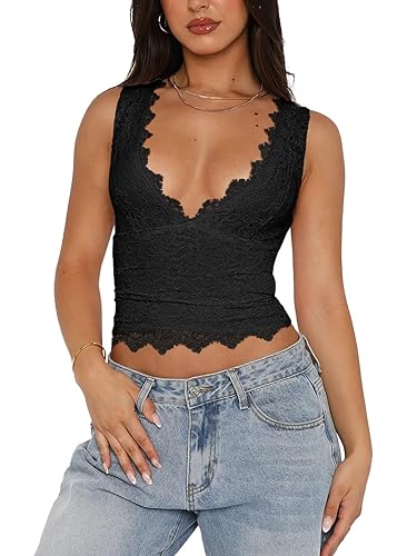 REORIA Womens Sexy V-Neck Sleeveless Double Lined Going Out Y2K Trendy Lace Cropped Tank Tops