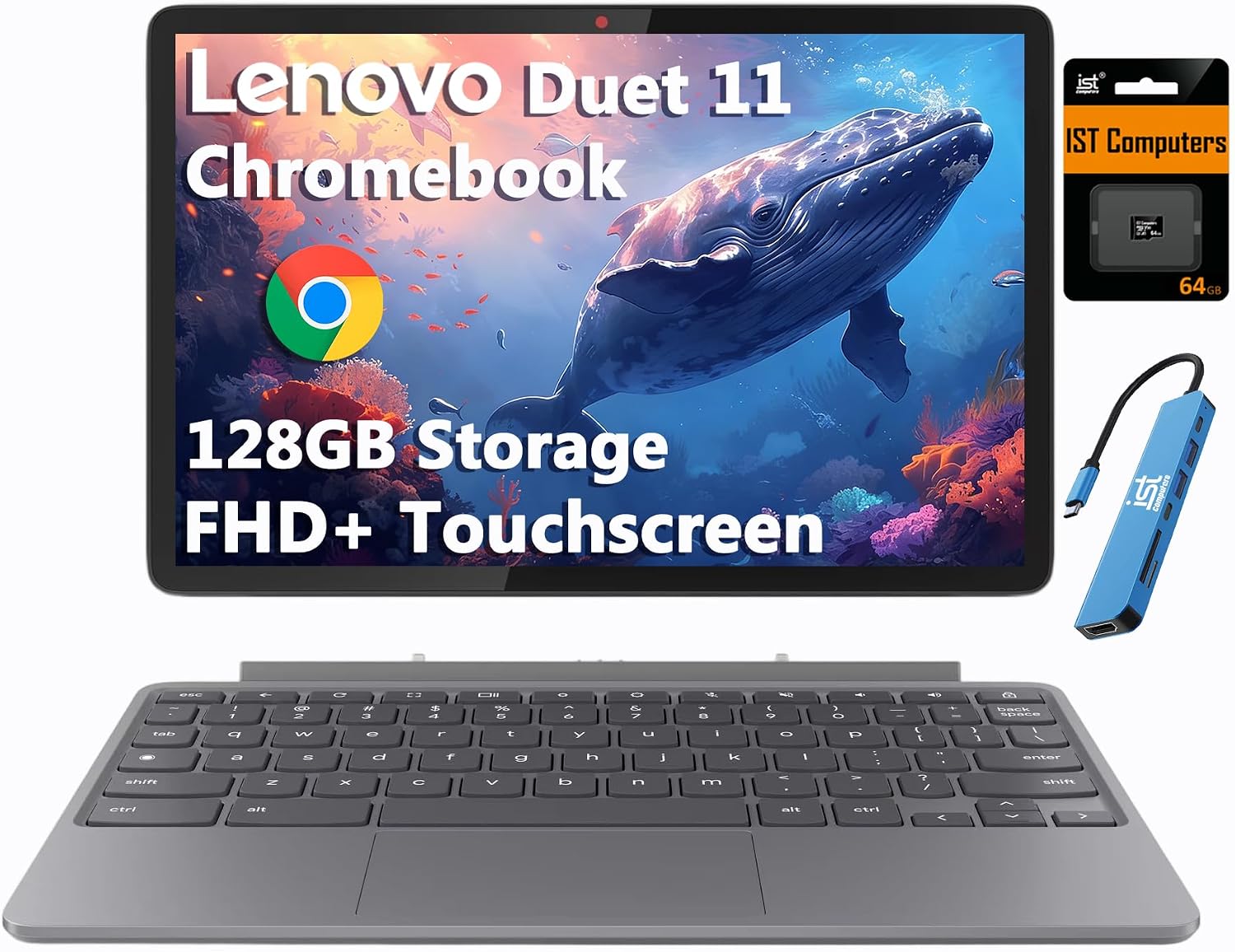 Chromebook Duet Gen 9 11" Tablet, 2-in-1 Laptop, 4GB RAM, 128GB | (64GB eMMC + 64GB SD Card), FHD+ Touchscreen, 8-Core MediaTek Kompanio 838, Detachable KB, 8MP Webcam, IST HUB, Chrome OS