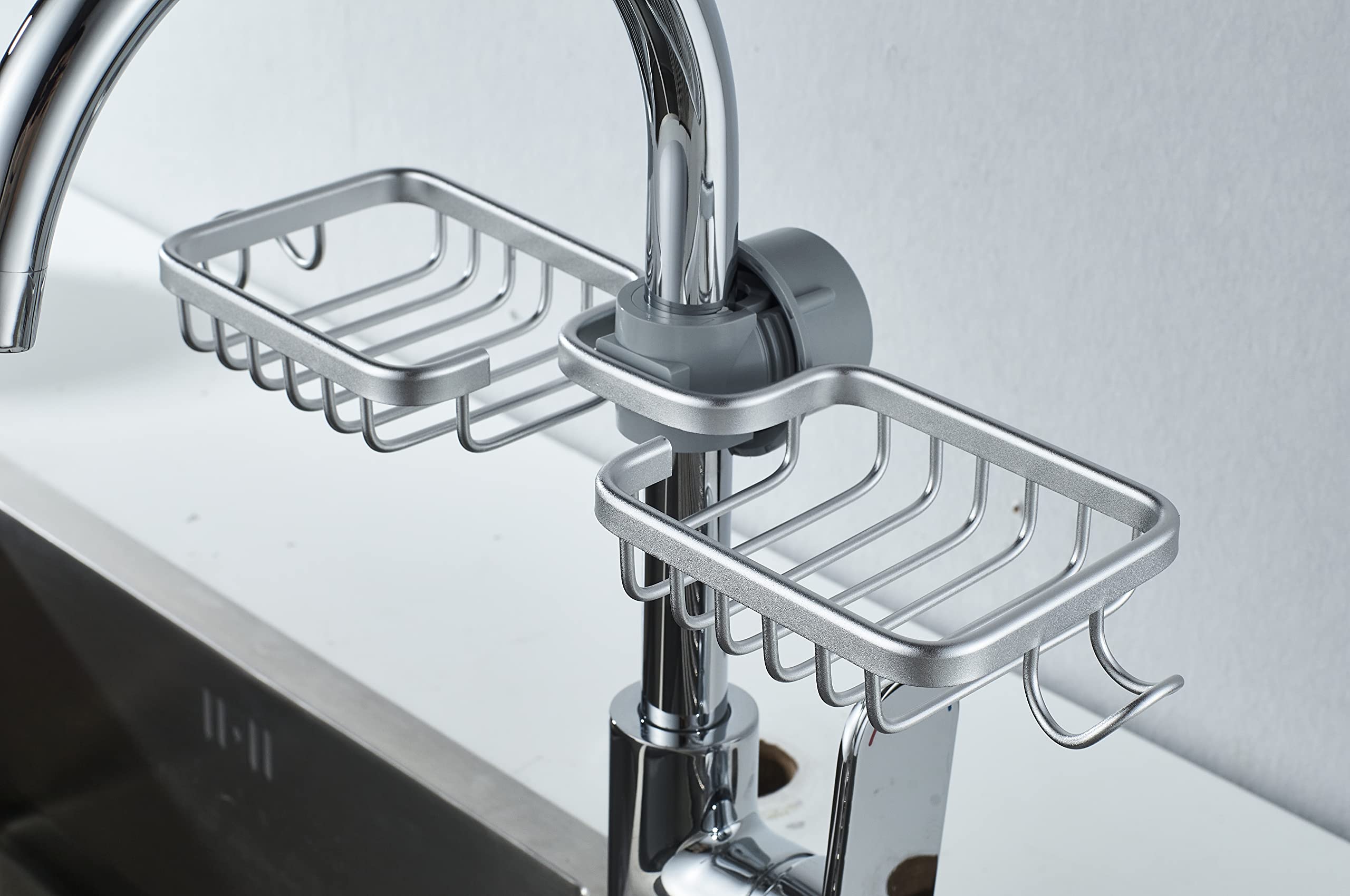 Stainless Detachable Faucet Drain Rack for Kitchen Sink, Sponge Holder for Kitchen Sink, Over The Sink Shelf Sponge Caddy, Organizer and Storage, Bathroom (Double Rack Silver)