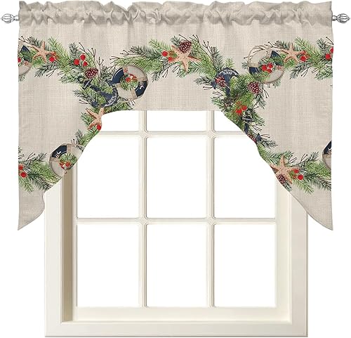 Cortinas de cocina con festón de Navidad, cenefa con bolsillo para barra, paneles de cortina para dormitorio, sala de estar, baño, cafetería,