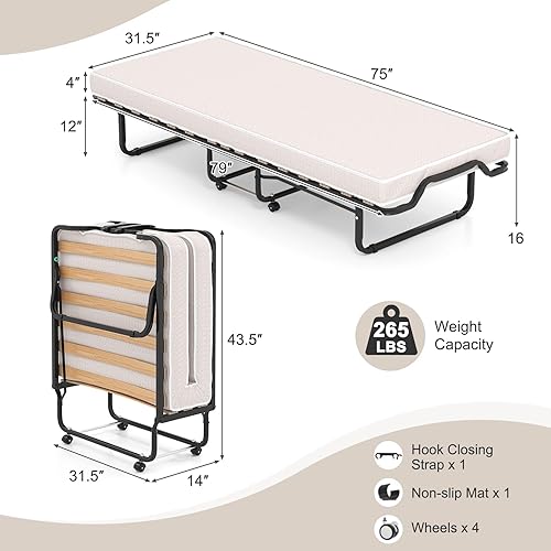 Miniatura 10 de Giantex Cama plegable con colchón, cama enrollable tamaño cuna de 75 x 31 pulgadas con colchones para adultos, espuma viscoelástica, marco de acero