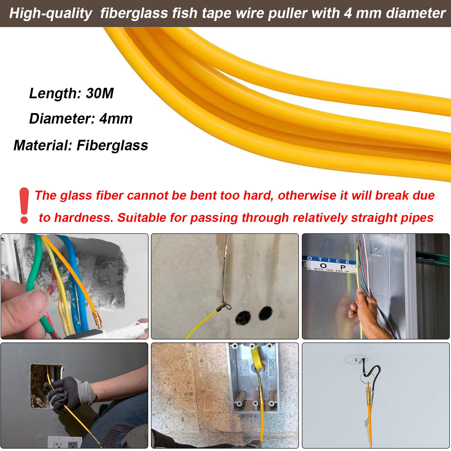 Tire Fil Aiguille Electricien 30M CâBle De Traction En fibre de verre Aide à La RéTraction De Ruban De Poisson Pour CâBle Avec Boîtier Poignée 4mm Tire Fil Electrique Solide pour Travaux électriques