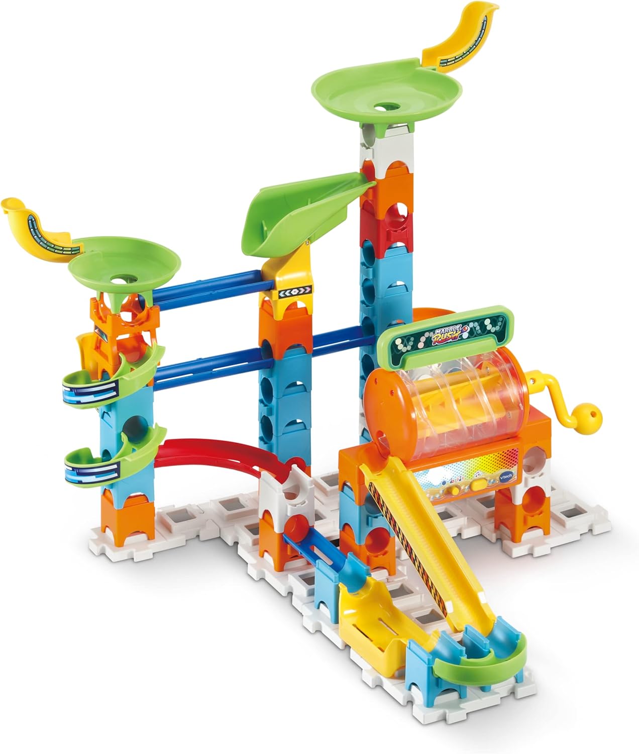 A green funnel component where marbles spin before dropping.