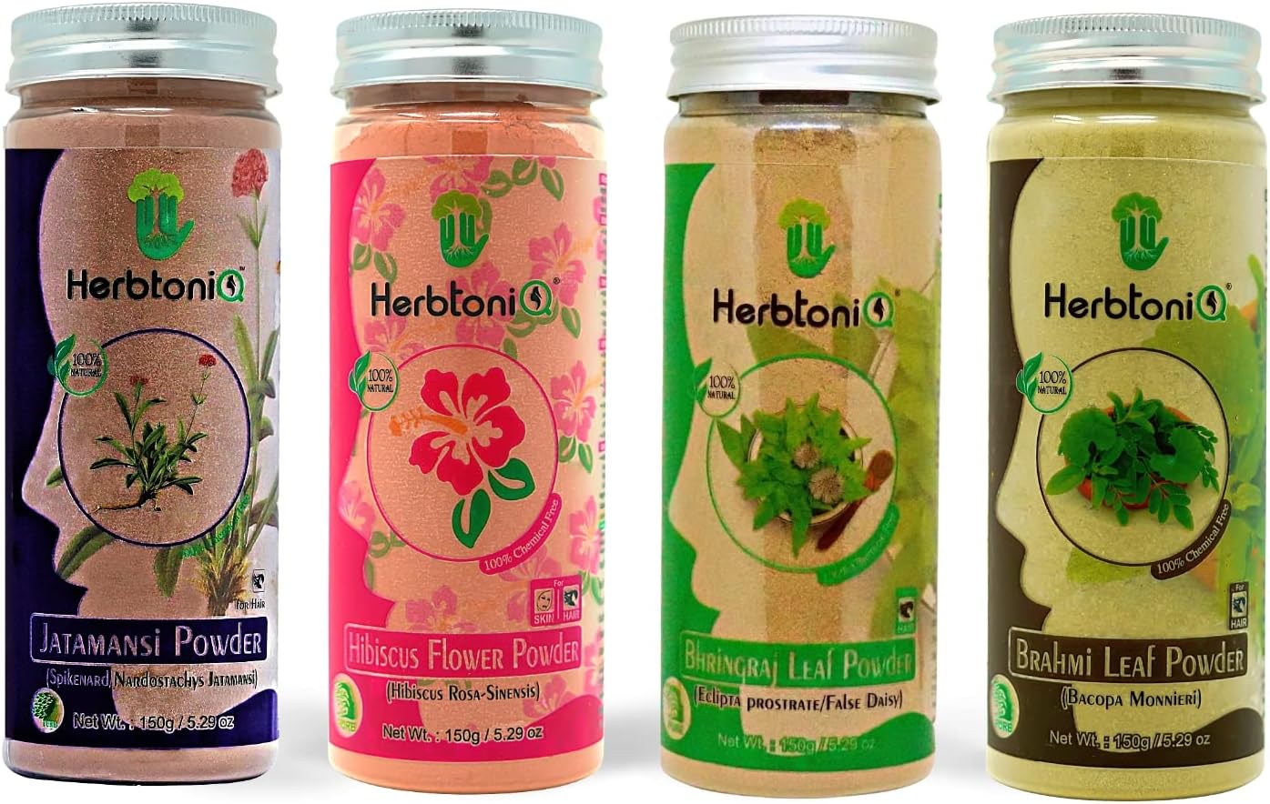HerbtoniQ 100% Natural Jatamansi Powder 150g, Hibiscus Flower Powder 150g, Bhringraj Leaf Powder 150g, Brahmi Leaf Powder 150g For Hair Treatment Pack (Pack Of 4, 600g)