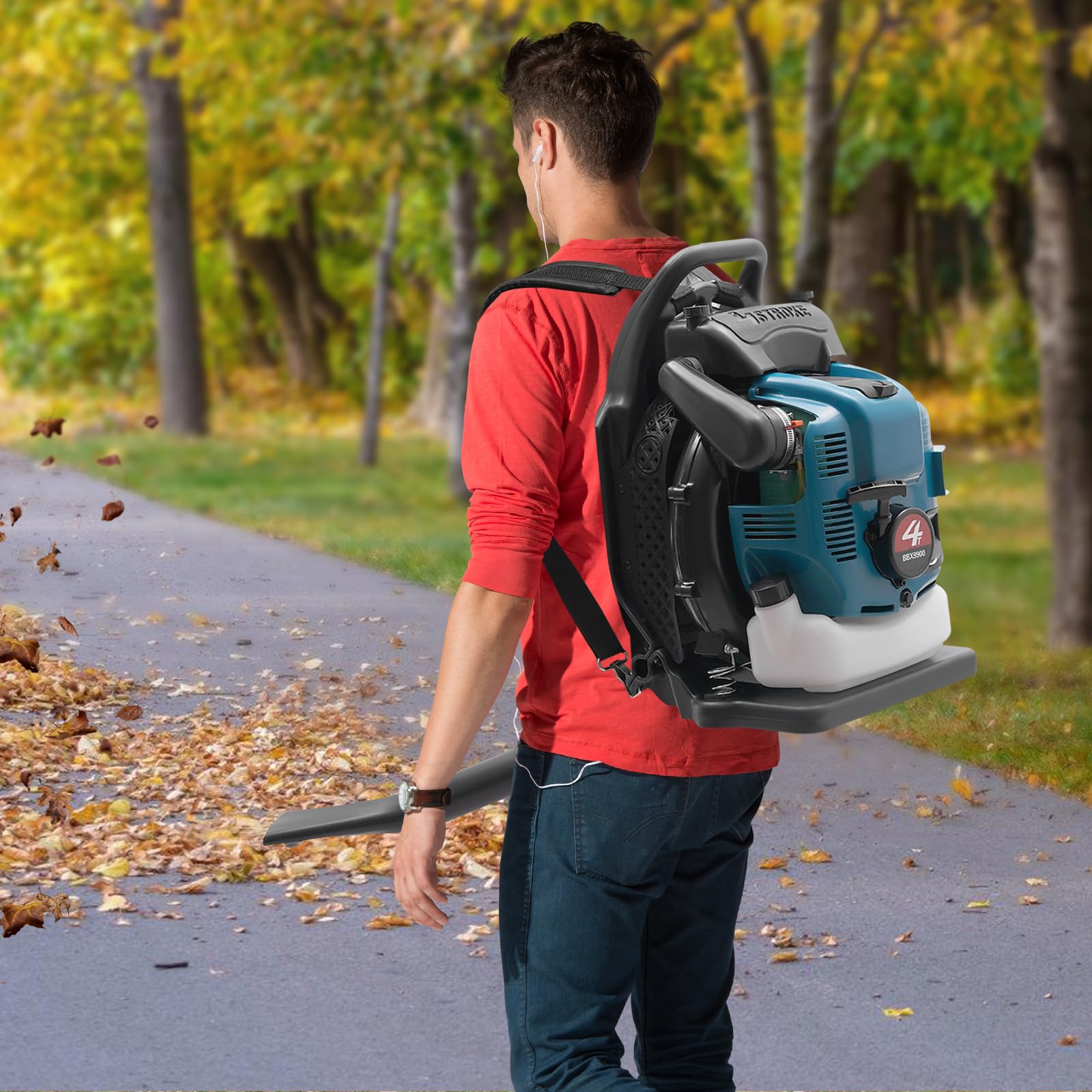 Soplador de hojas de gasolina de 75.6 CC de 4 tiempos, mochila soplador de hojas de 2600 W, 7000 R/min, velocidad ajustable, aspiradora de jardín y sopladores de mano para motor, refrigeración por