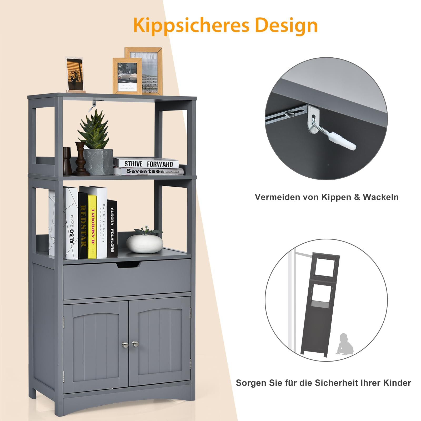 GOPLUS Badkamerkast met lade, houten badkamerrek, staand rek met 4