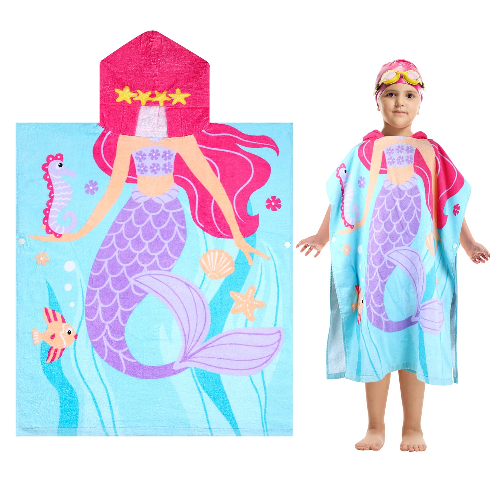 FLYISH DIRECT Badeponcho Kinder 100% Baumwolle Kinderhandtuch Poncho Kinder Badetuch Handtuch mit Kapuze Strandtücher für Jungen und Mädchen, 70x60cm