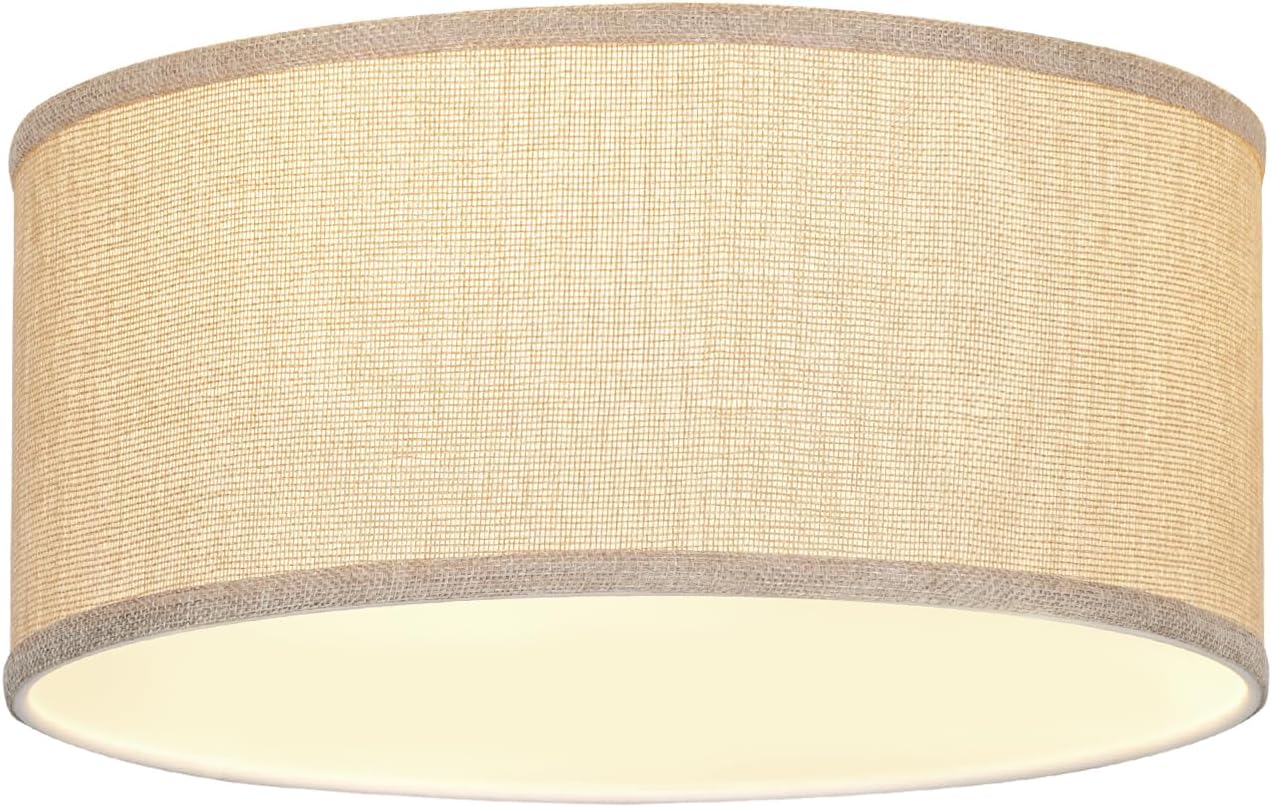 13 Inch Flush Mount Ceiling Light with Burlap Linen Drum Shade, Semi Flush Mount Ceiling Fixture, 3-Light Drum Light Fixture,Rustic Farmhouse Style for Bedroom, Living Room, Hallway, Entryway
