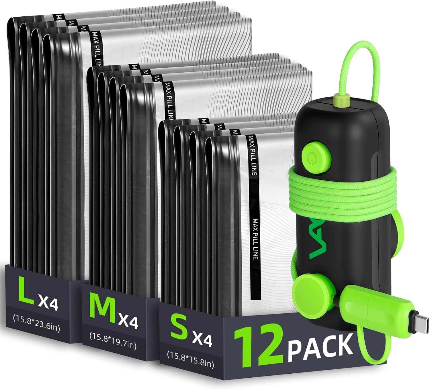 Vacuum Bags for Travel - USB Electric Pump, 12 Pack Carry-on Size Vacuum Seal Bags for Clothing - Space Saver Vacuum Storage Bags for Luggage, Travel Essentials.