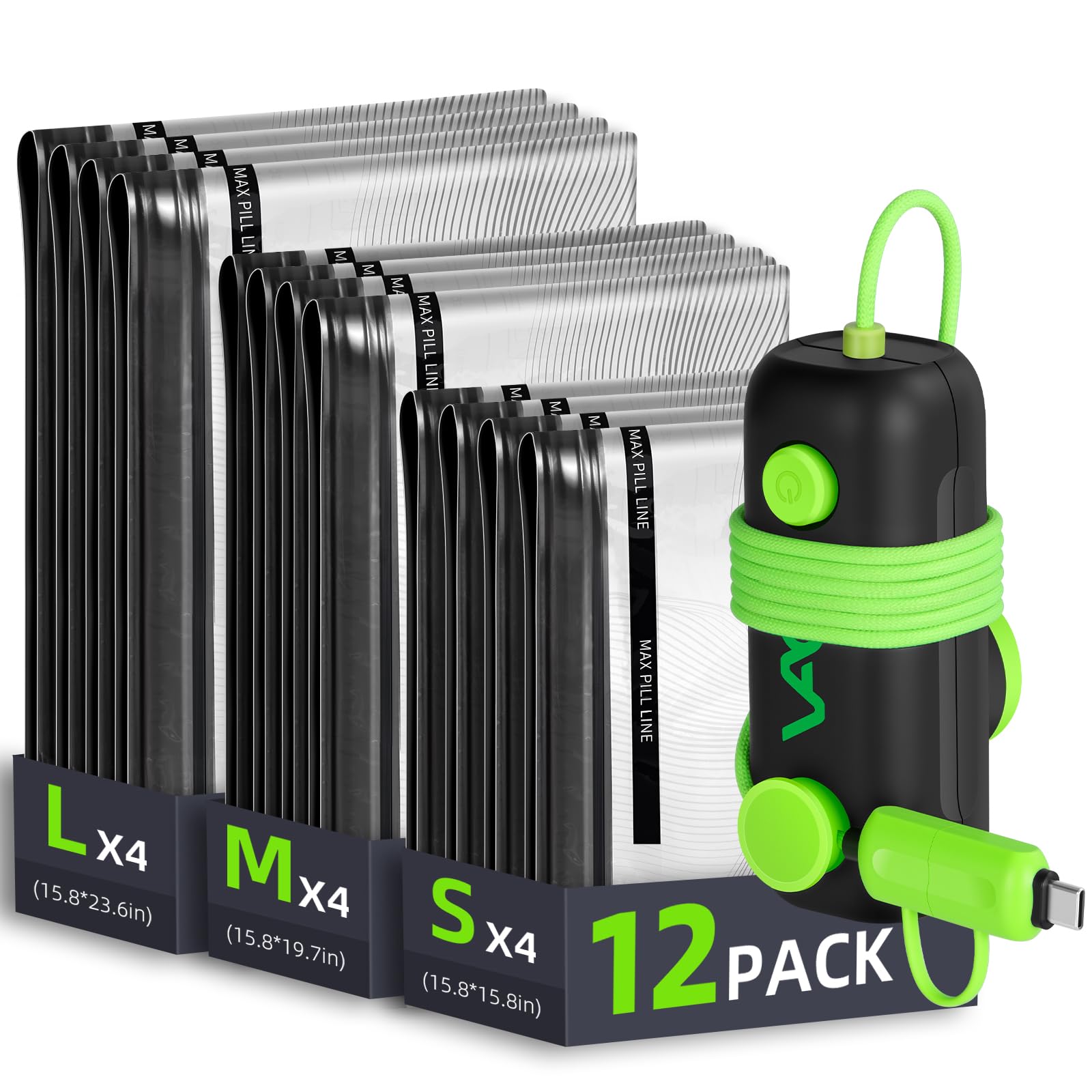 Vacuum Bags for Travel - USB Electric Pump 12 Pack Carry-on Size Vacuum Seal Bags for Clothing -