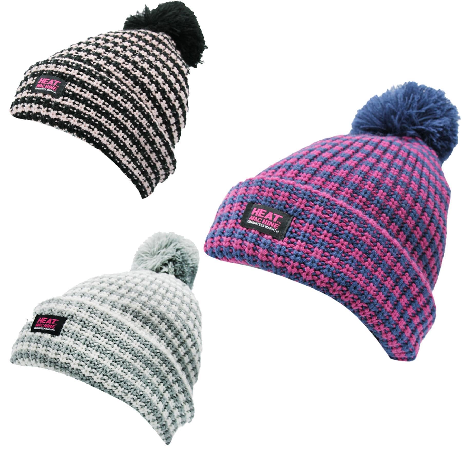 A2z Women's 3 Pack Hats Stripe Bobble Beanie Fleece Lined Pom Pom Hats Lightweight Stretchy Soft Feel Winter Warm Cosy Caps Comfortable Winters Hats