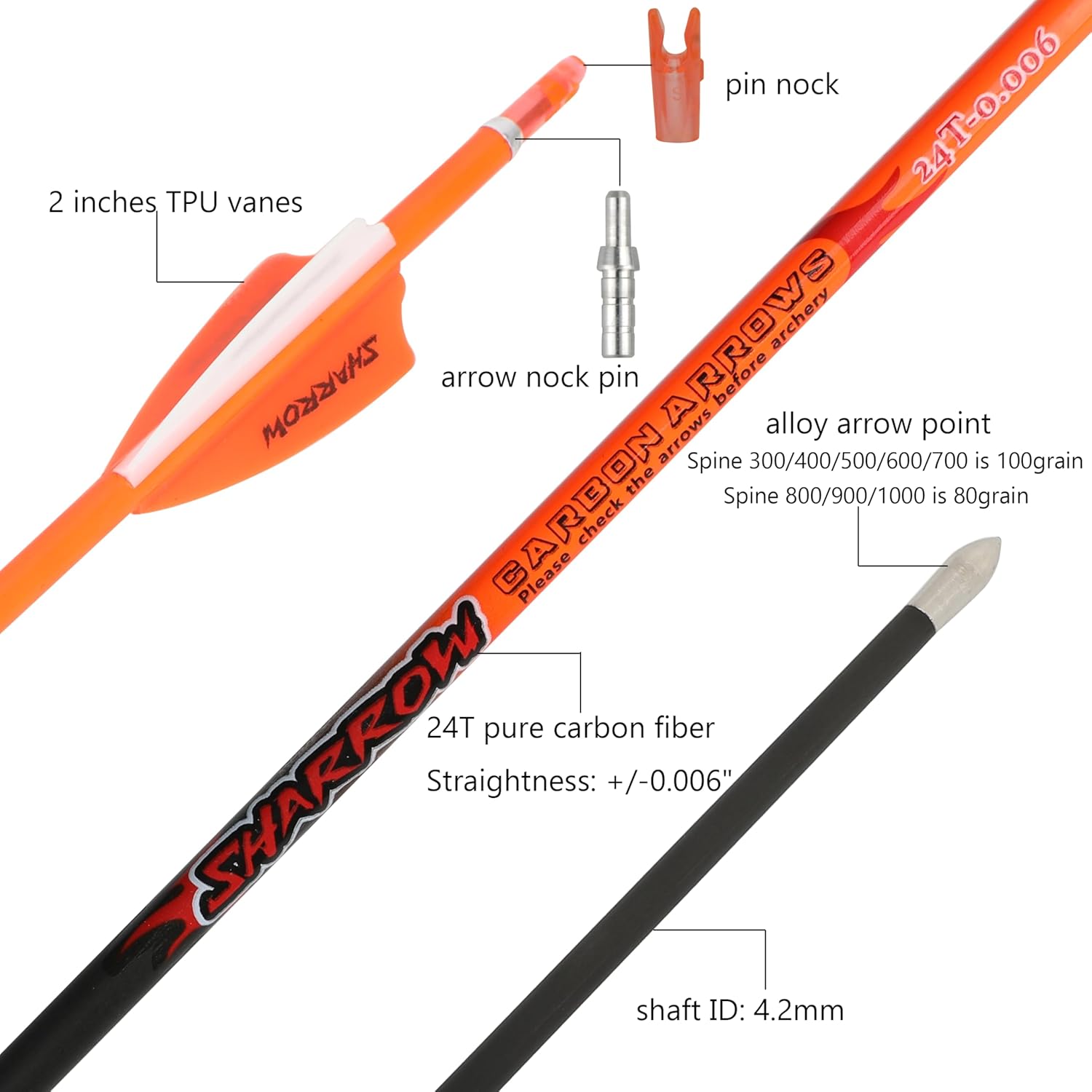 ZSHJGJR 32" Archery Carbon Arrows ID 4.2mm Targeting Practice Arrows Spine 400 500 600 700 800 900 1000 for Archery Competition Target Shooting Hunting 6/12Pack