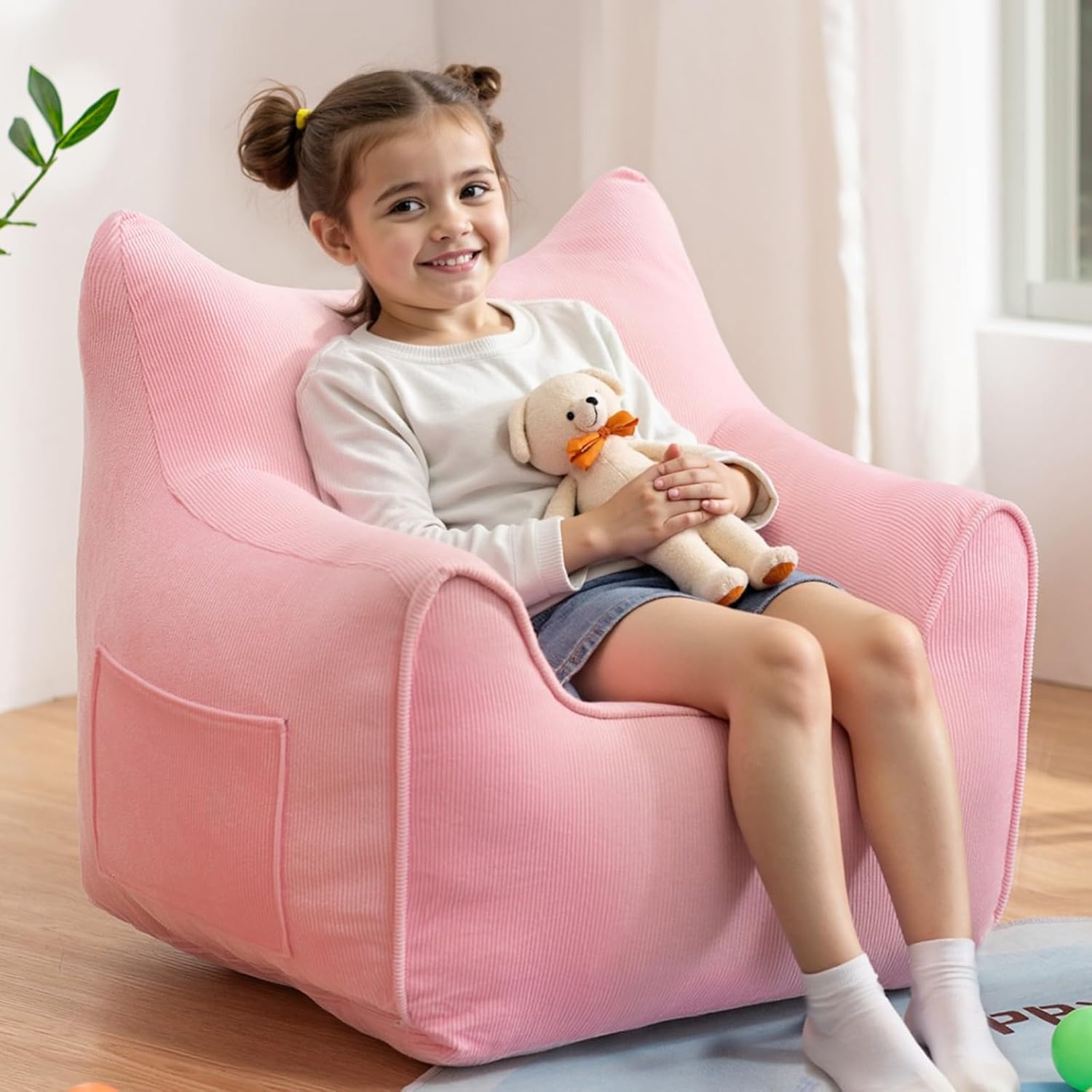 HOMMPA Bean Bag Chair for Kids Stuffed Toddler Bean Bag Sofa with Pocket Filler Cat Shaped Bean Bag Chair Girls Baby Lazy Floor Sofa Chair for Gaming Reading Playing Pink