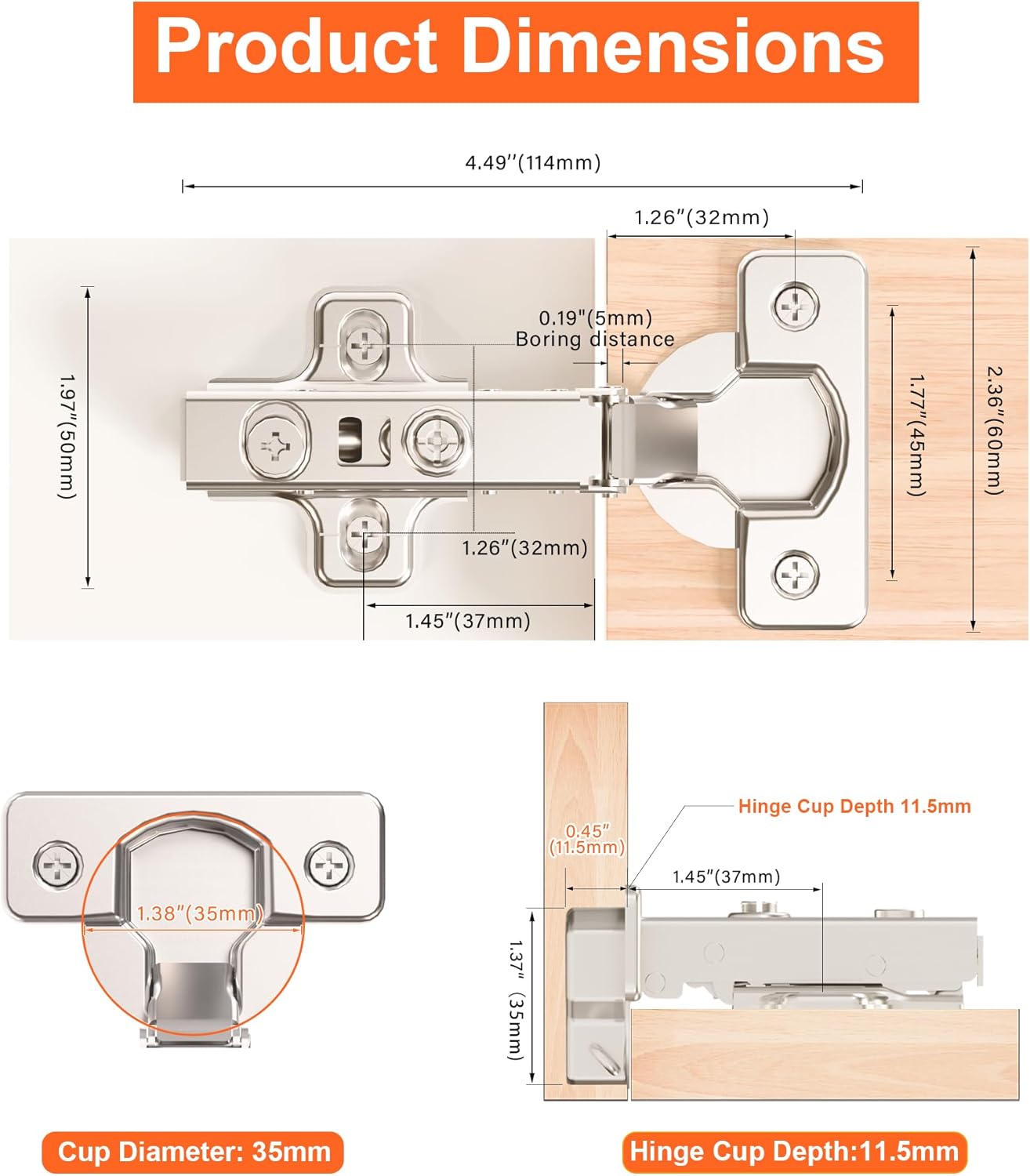 Kimdot 20 Pack Frameless Soft Close Cabinet Hinges for Kitchen 105°Clip on Plate Adjustable Concealed European Door Hinges Nickel Plated Finish (Full Overlay)