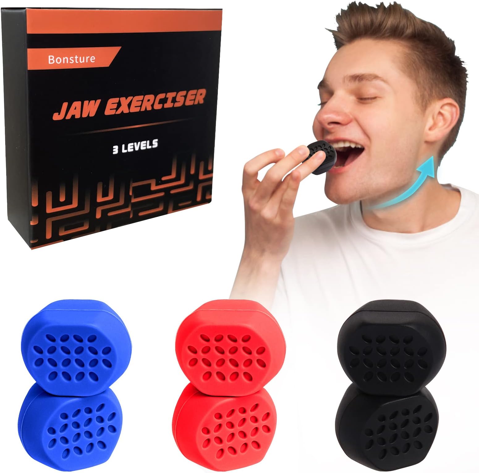 Jaw Exerciser for Men & Women – 3 Resistance Levels (6 pcs) Silicone Jawline Exerciser Tablets – Powerful Jaw Trainer for Beginner, Intermediate & Advanced Users (B)