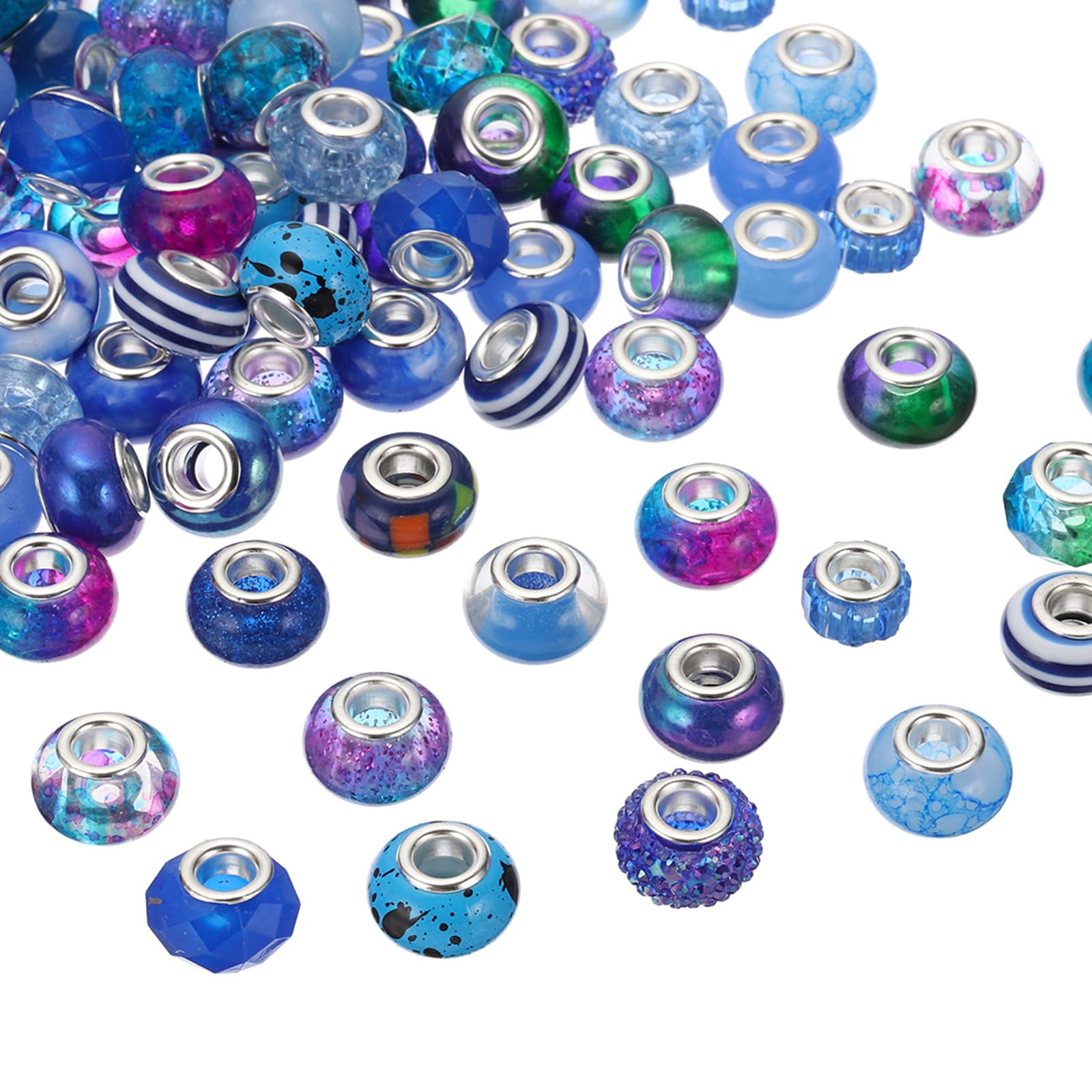 PATIKIL 100 Pcs Assorted European Large Hole Beads, 15mm Acrylic Spacer Beads European Rhinestone Craft Beads for Pen DIY Craft Bracelet Jewelry Making, Blue