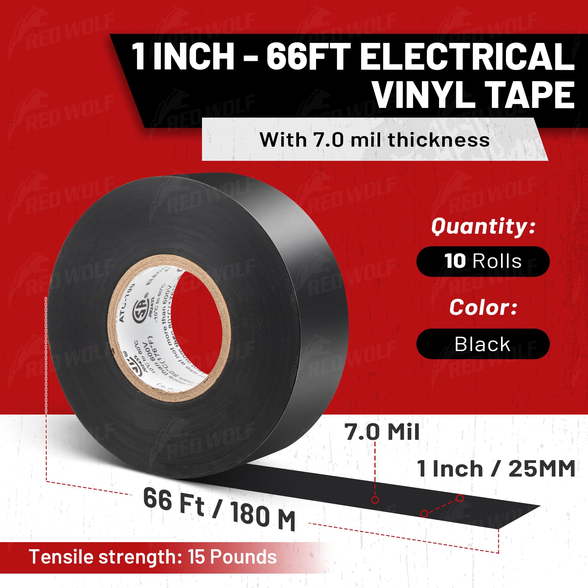 RED WOLF Nastro elettrico in vinile da 2,5 cm x 2,5 m, 10 rotoli, UL CSA, nastro elettrico in PVC con spessore di 7 mm, ignifugo, resistente alla fiamma, a base di gomma, nominale 600 V per