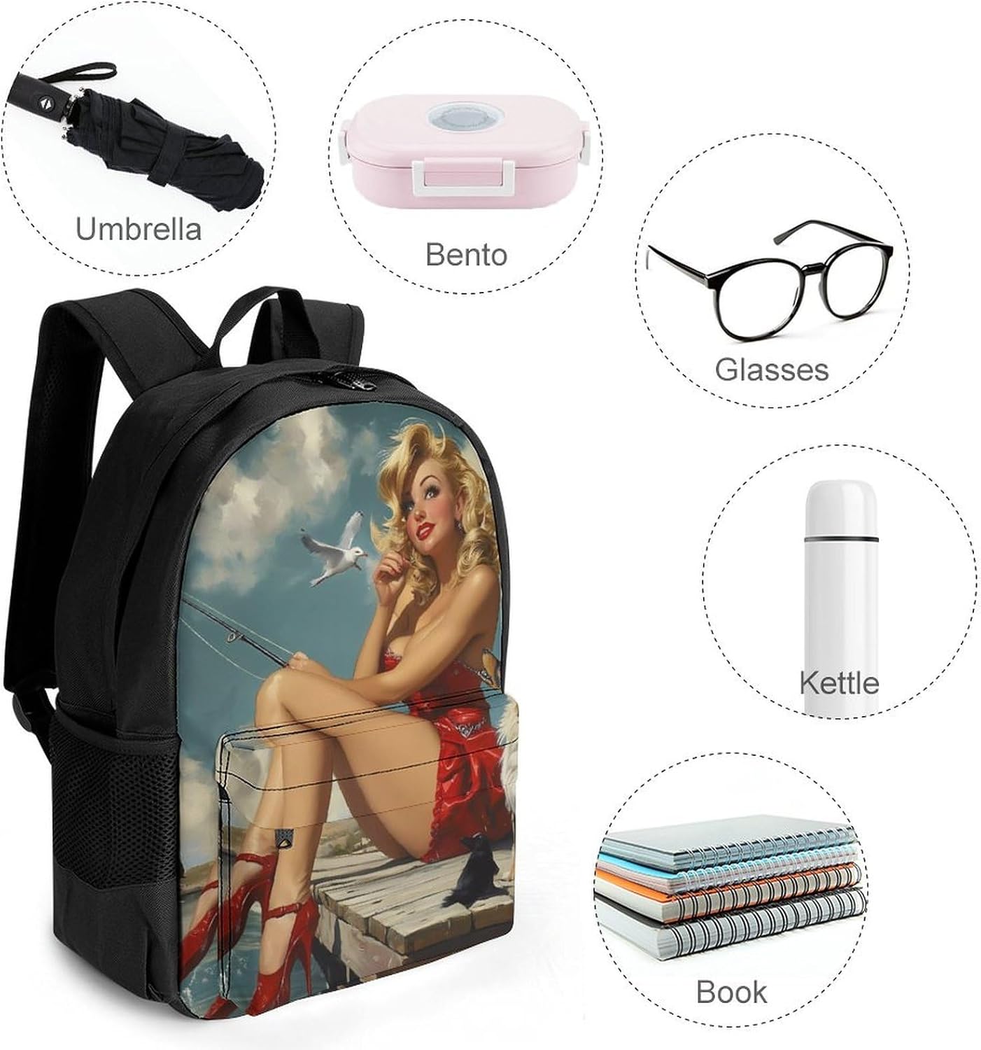 Pinup Girl with Fishing Pole Laptop Backpack for Men Women Fashion Computer Bag Business Travel Daypack