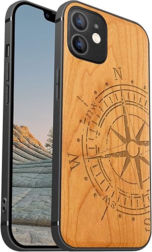 Miniatura 58 de Carveit Funda magnética de madera para iPhone 12 [madera natural y TPU suave negro] a prueba de golpes, funda de madera única y elegante compatible