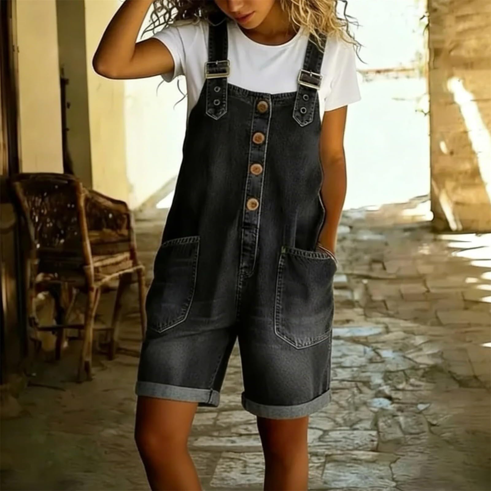 Generisch Salopette da donna in jeans a gamba larga, con spalline regolabili, in denim lavato, oversize, baggy, da lavoro, casual, con tasca