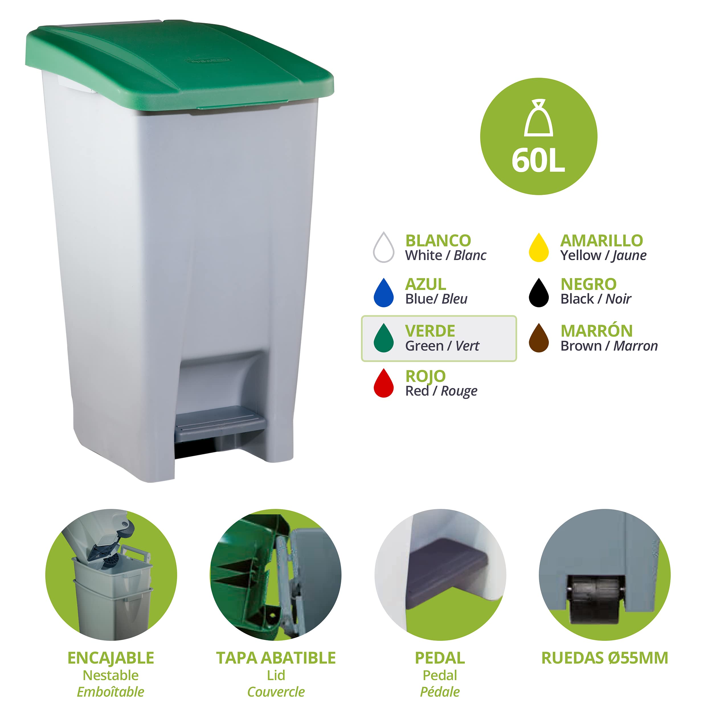 Denox PK3345 Pack Reciclaje Selectivo 80 litros c/u: 240 litros totales, en 3 contenedores, en Colores Verde/Azul/Amarillo