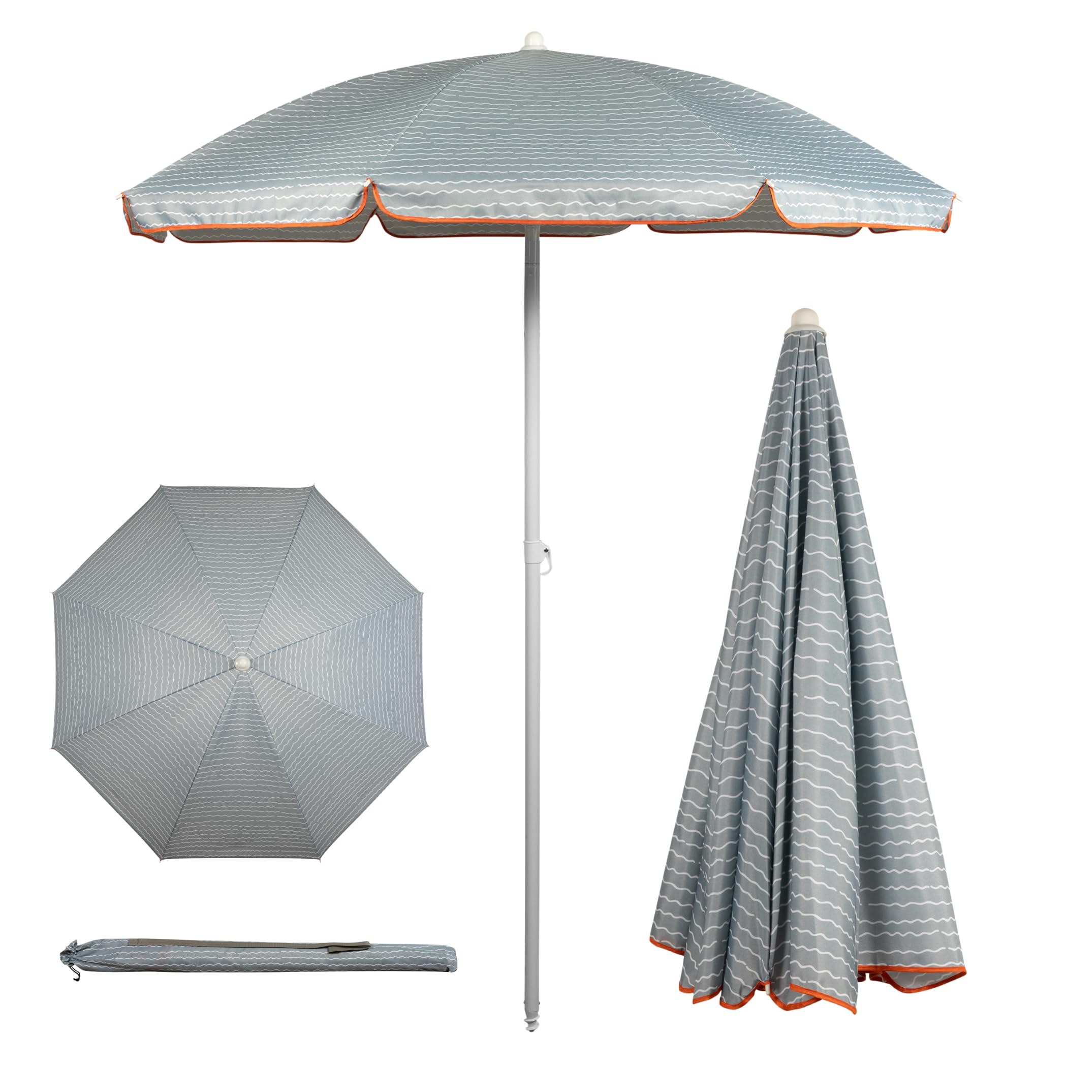 PICNIC TIME 5.5 Ft Portable Beach Umbrella, Lightweight UV Protection Sunshade with Tilt Pole & Carry Bag, Outdoor Canopy Umbrella for Beach, Sand, Pool, Patio, Camping, Travel, or Backyard Shade, (Wave Break Gray Pattern)