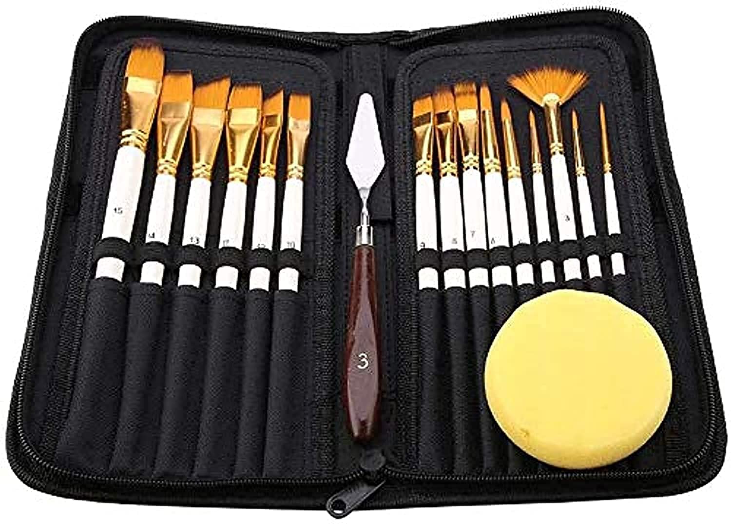 Rag & Sak® 17Pcs Artist Paint Brush Set with Carrying Black Case Paint Knife Sponge for Watercolor Brush Oil Acrylic Drawing Painting