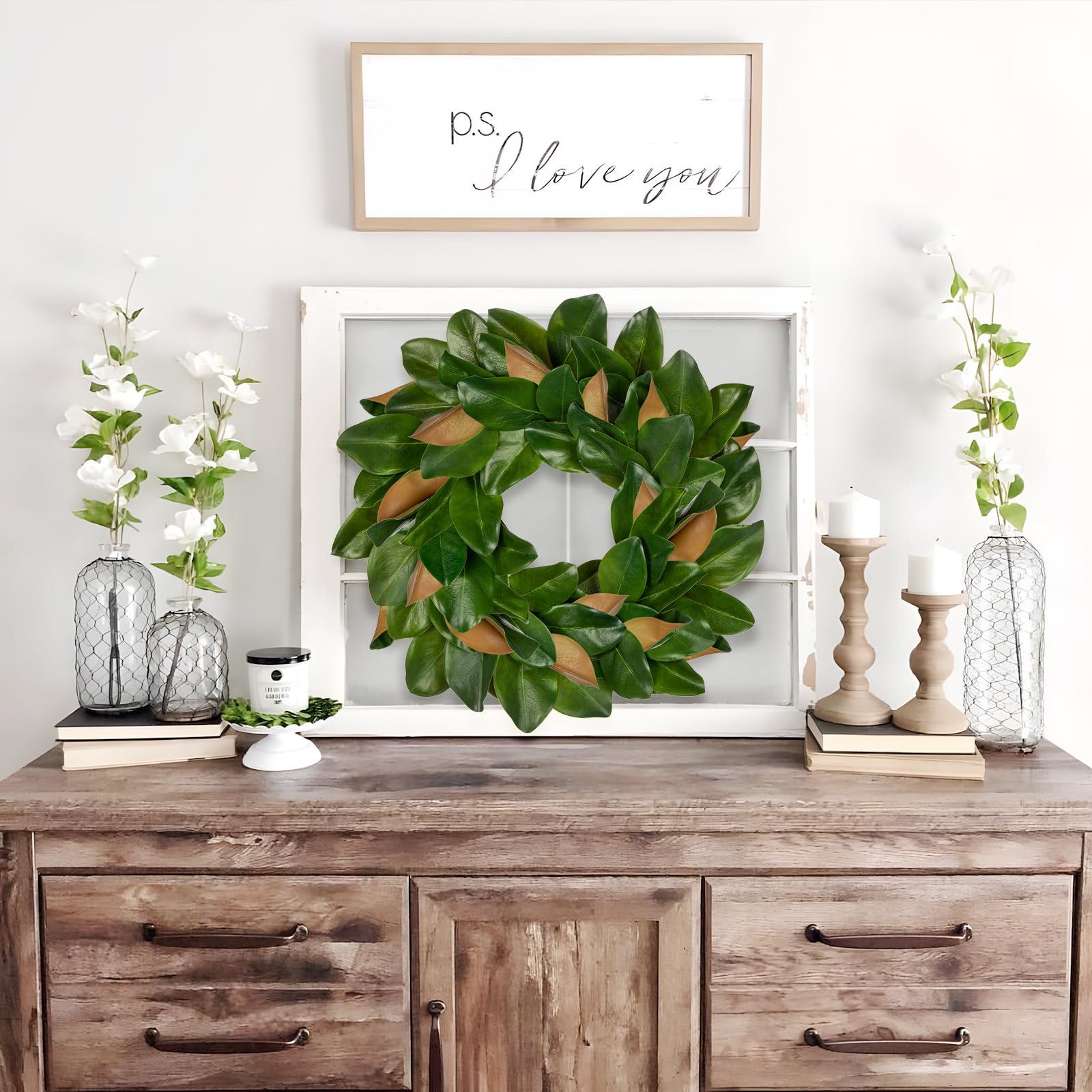 Kranz Künstlicher Magnolienkranz 60 cm Türkranz Wandkranz Künstlich Dekokranz Grün Magnolie Kunstpflanzen Tisch Kamin Deko Sommer Winter Deko Wohnzimmer Schlafzimmer