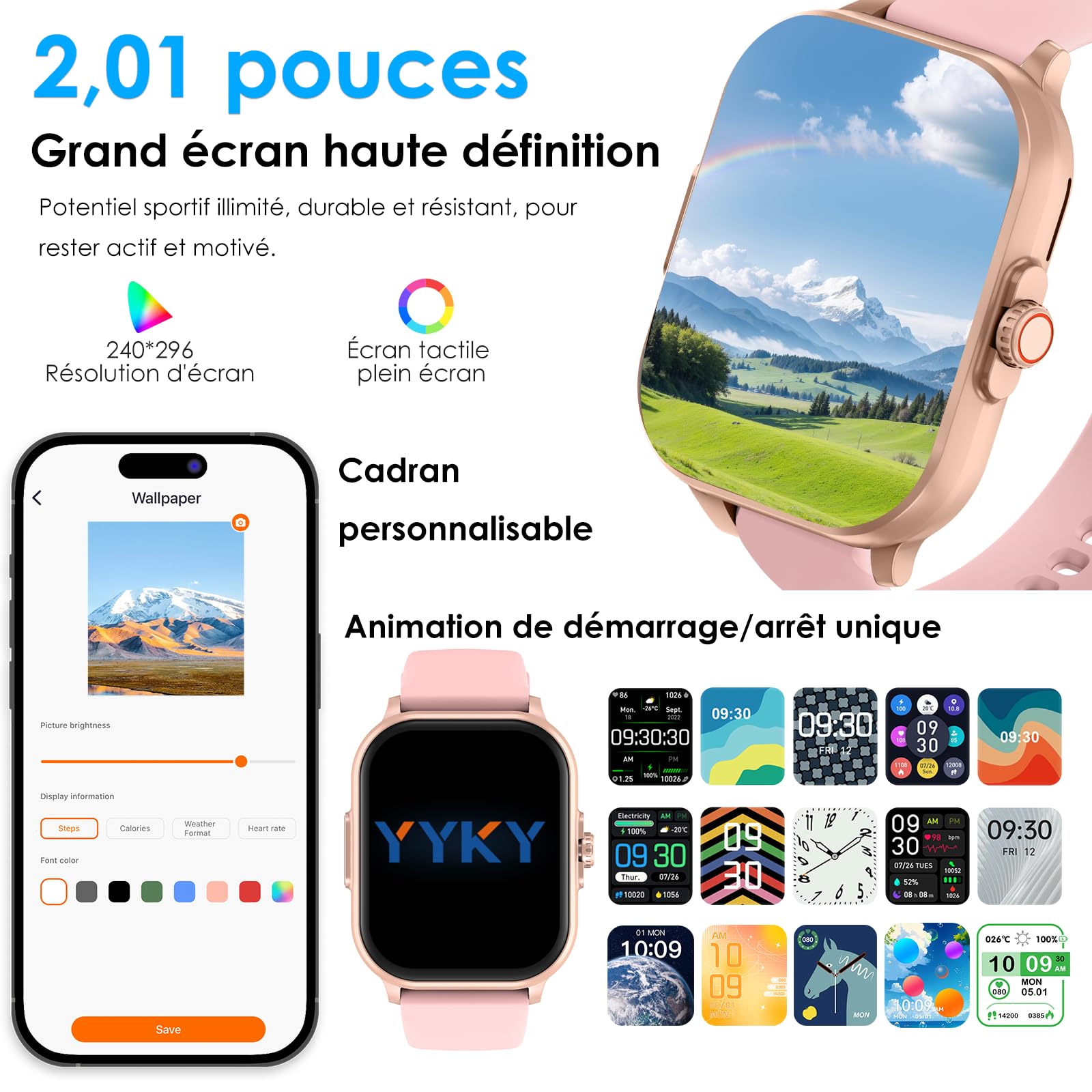 YYKY Montre Connectée Femme avec ECG/VRC, Appels Bluetooth, Suivi Santé 24H | Montre santé 2,01" avec suivi du sommeil, bouton SOS, indice IP67, autonomie de 3 à 7 jours, pour seniors, iOS Android