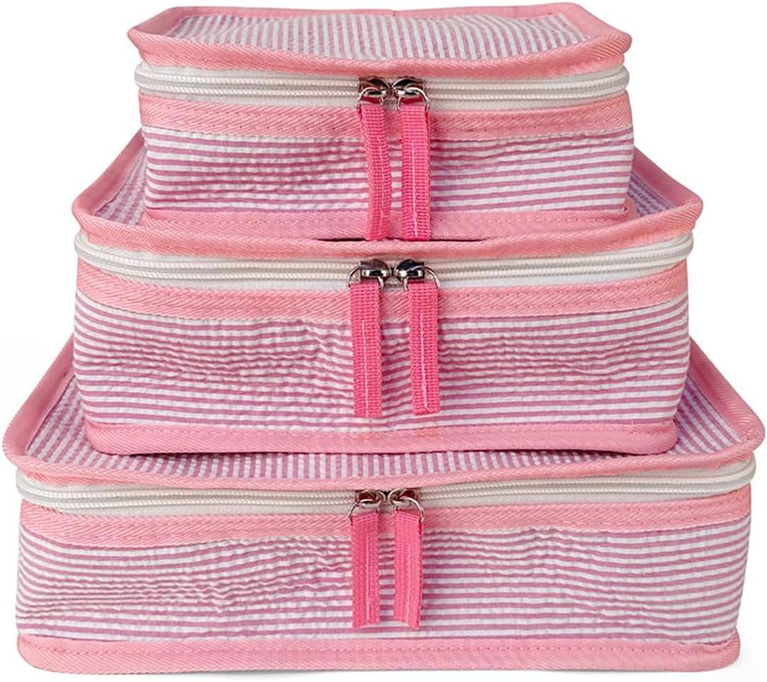 Blanksmall Seersucker Packing Cubes for Travel - 3 Pack Small Travel Essentials for Kids, Gym & Diaper Bag, DIY Embroidery Blank with Smooth Zipper (Navy)