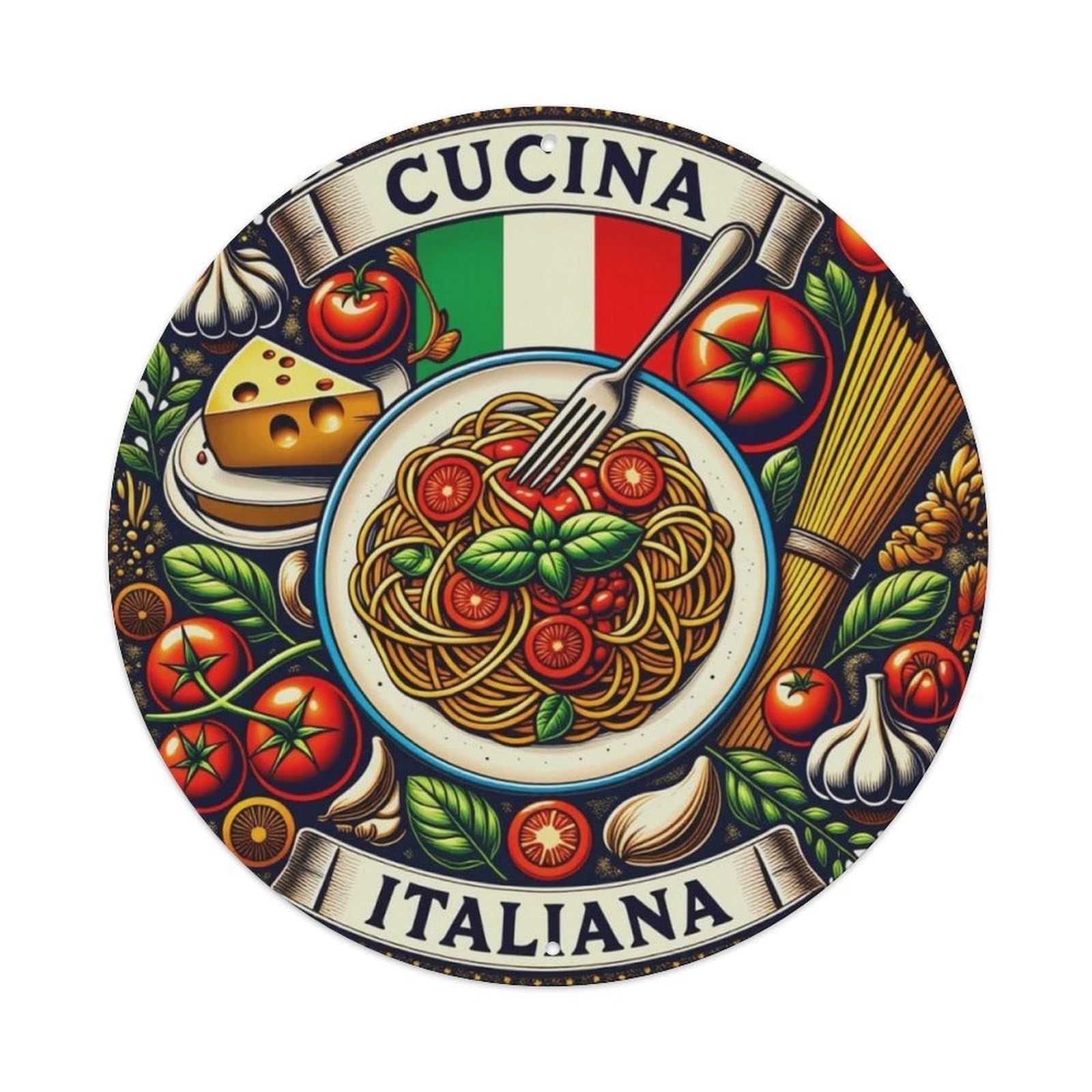 Italian Kitchen Food Vintage Round Sign Vintage Aluminium Metal Sign, Retro Wall Decor for Home, Bar, Garage & Farmhouse 20x20cm