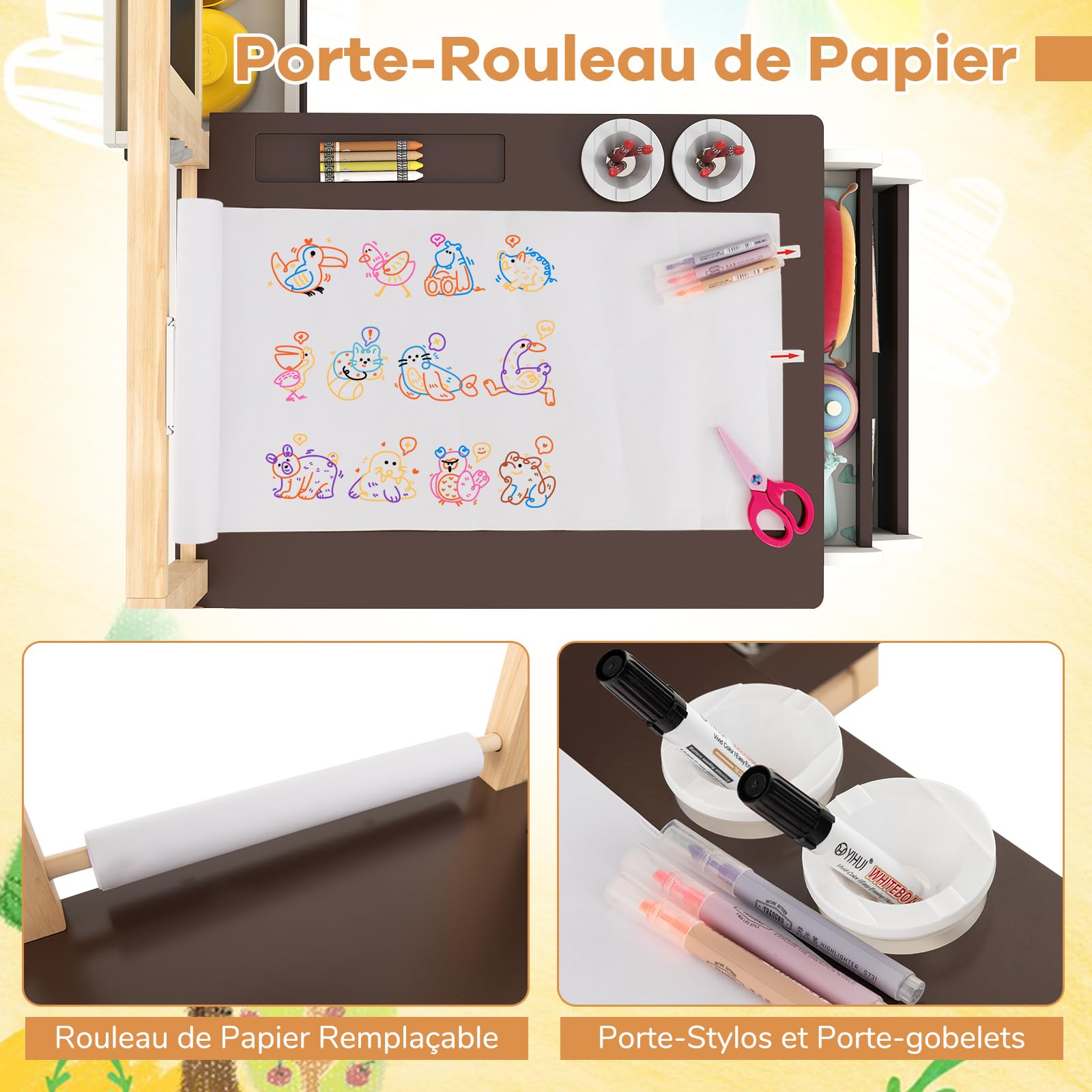 GOPLUS Bureau Enfant avec Rangement, Tableau Chevalet Double Face Ajustable, Table d'Activité avec Banc, Rouleau de Papier, Tableau Blanc/Noir, 3+Ans (Café)