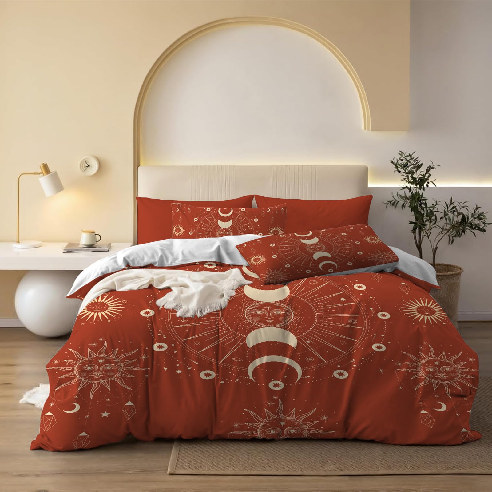 HOMHOMHA Kingsize Duvet Cover Set -Burnt Orange Sun & Moon Celestial King Size Bedding-Soft Microfibre Bedroom Decor for Adults-220x230 cm & 2 * 50x75 cm Pillowcases
