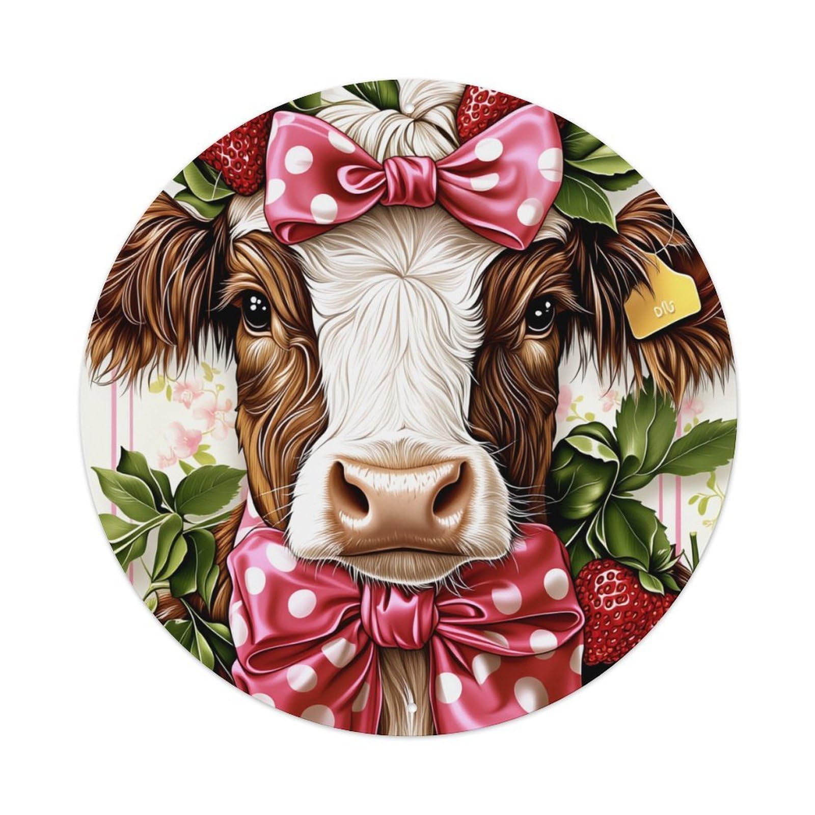Cow With Bow And Strawberries Round Tin Sign Vintage Metal Poster, Home Bar Garage Man Cave Cafe Indoor & Outdoor Wall Decoration 8x8Inches