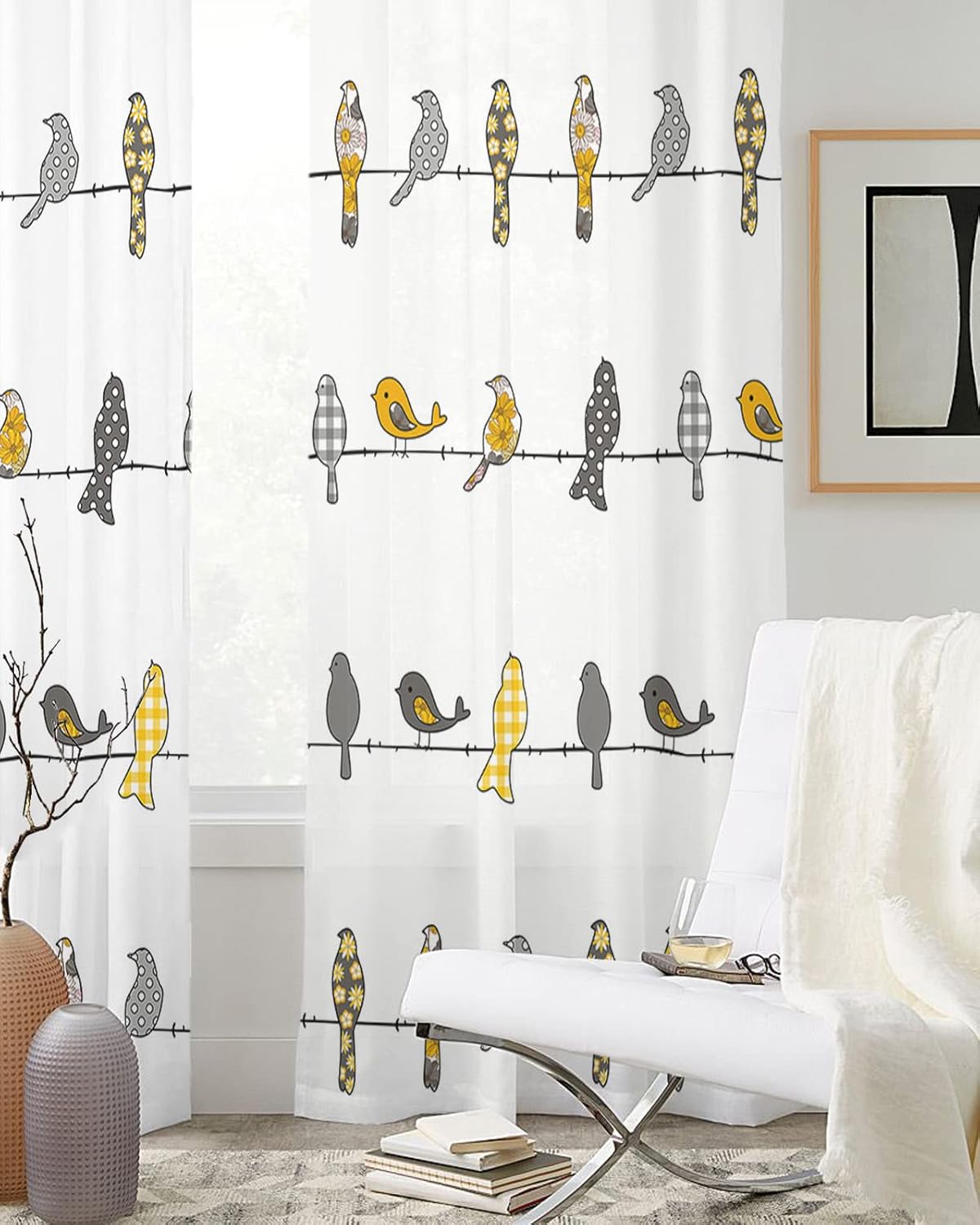 Floral Sheer Curtains 42x45 inch Length for Living Room,Birds on the Wire Yellow Grey Orange Window Curtains Light Filter Drapes Grommet Semi Sheer Curtains for Bedroom Kitchen Decor,2 Panels