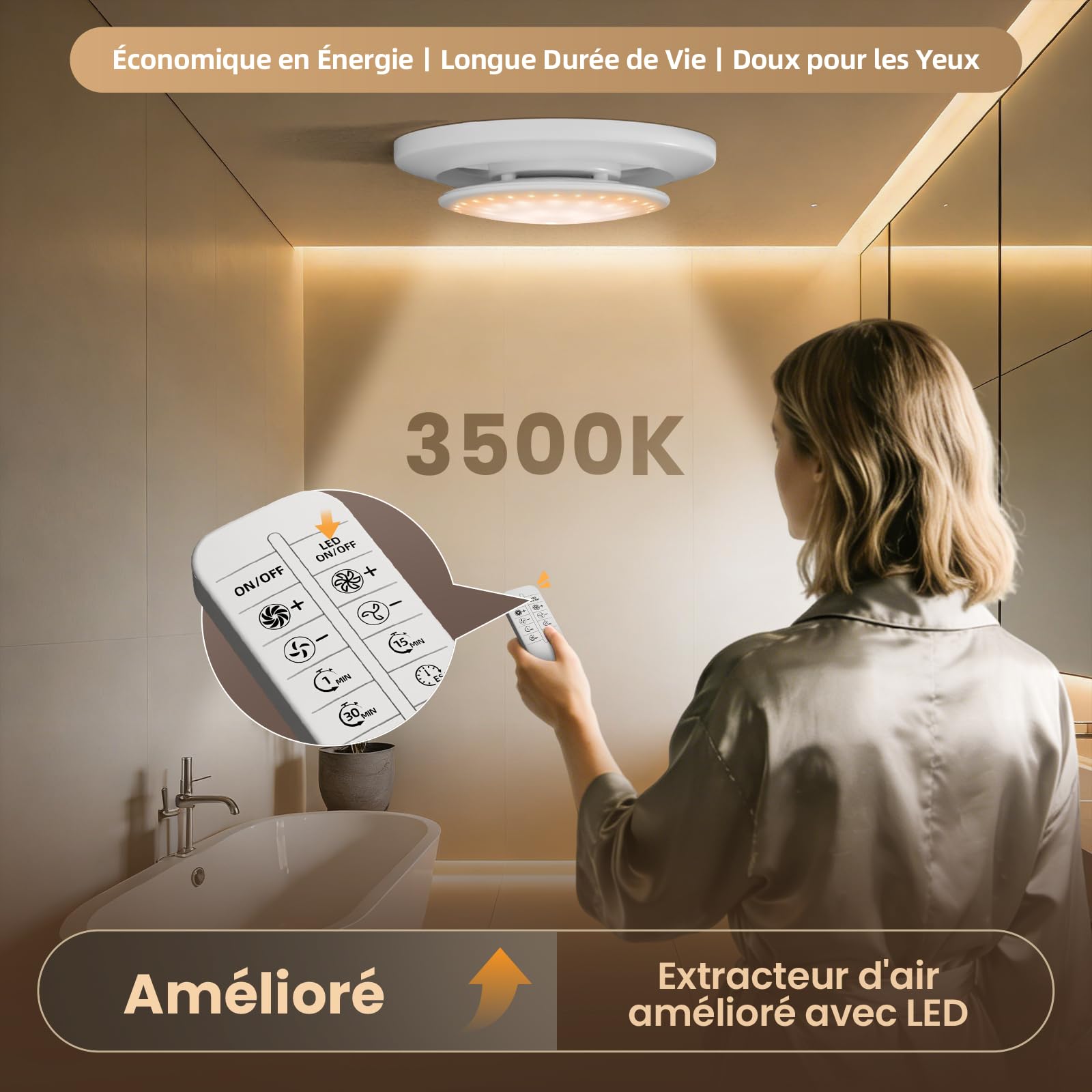 Ventilateur Extracteur d'air 100mm Timer, 3000tr/min 220m³/h, VMC 2 Sens 6 Vitesses avec LED Éclairage+Télécommande, Débit D'Air Puissant 2W Moteur DC Facile Installer Salle de Bain Lavoir Garage108E