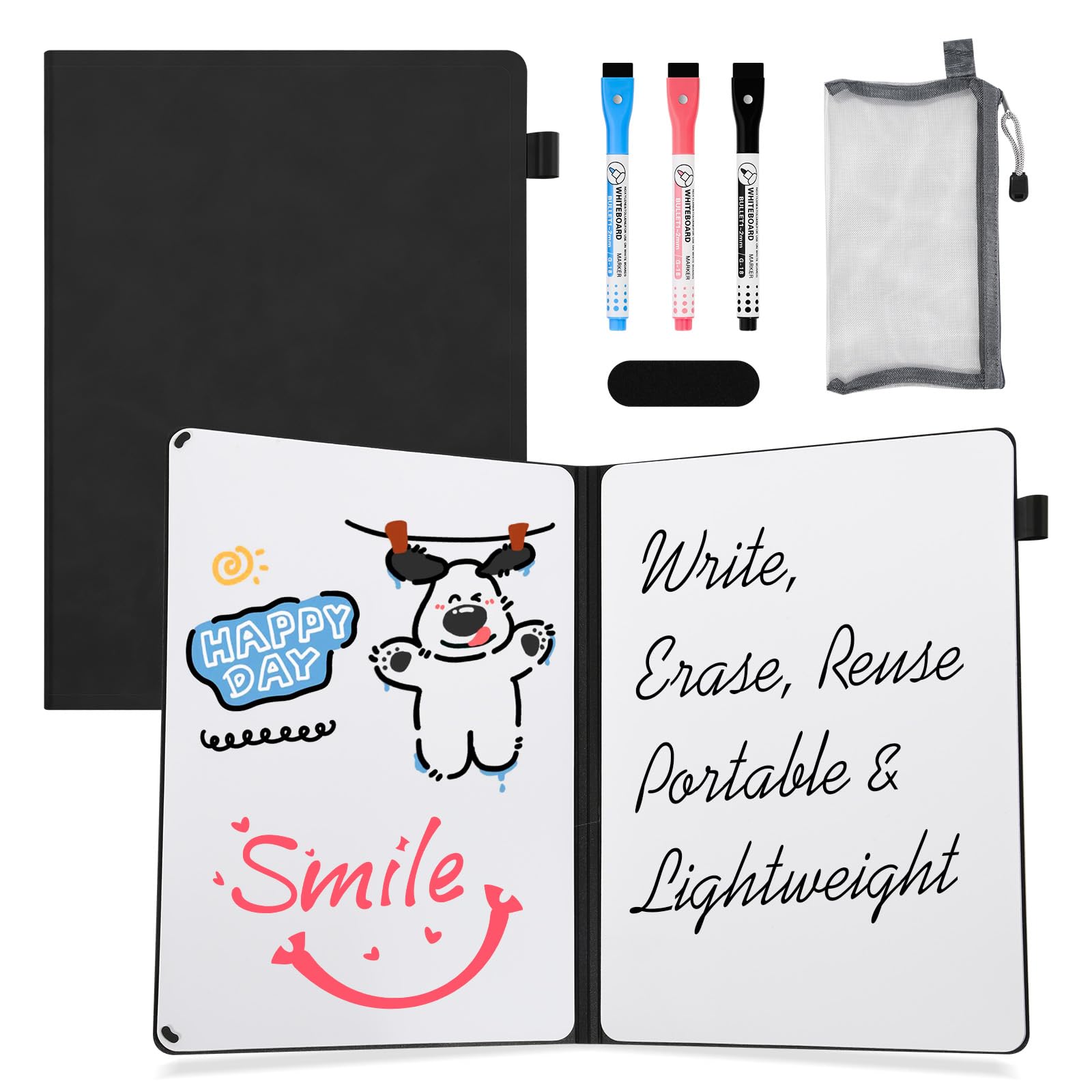 AGM Dry Erase Mini Whiteboard A4, 30 x 21.5cm Double-Sided Desk White Board with 3 Colored Pens, 1 Eraser, 1 Mesh Bag