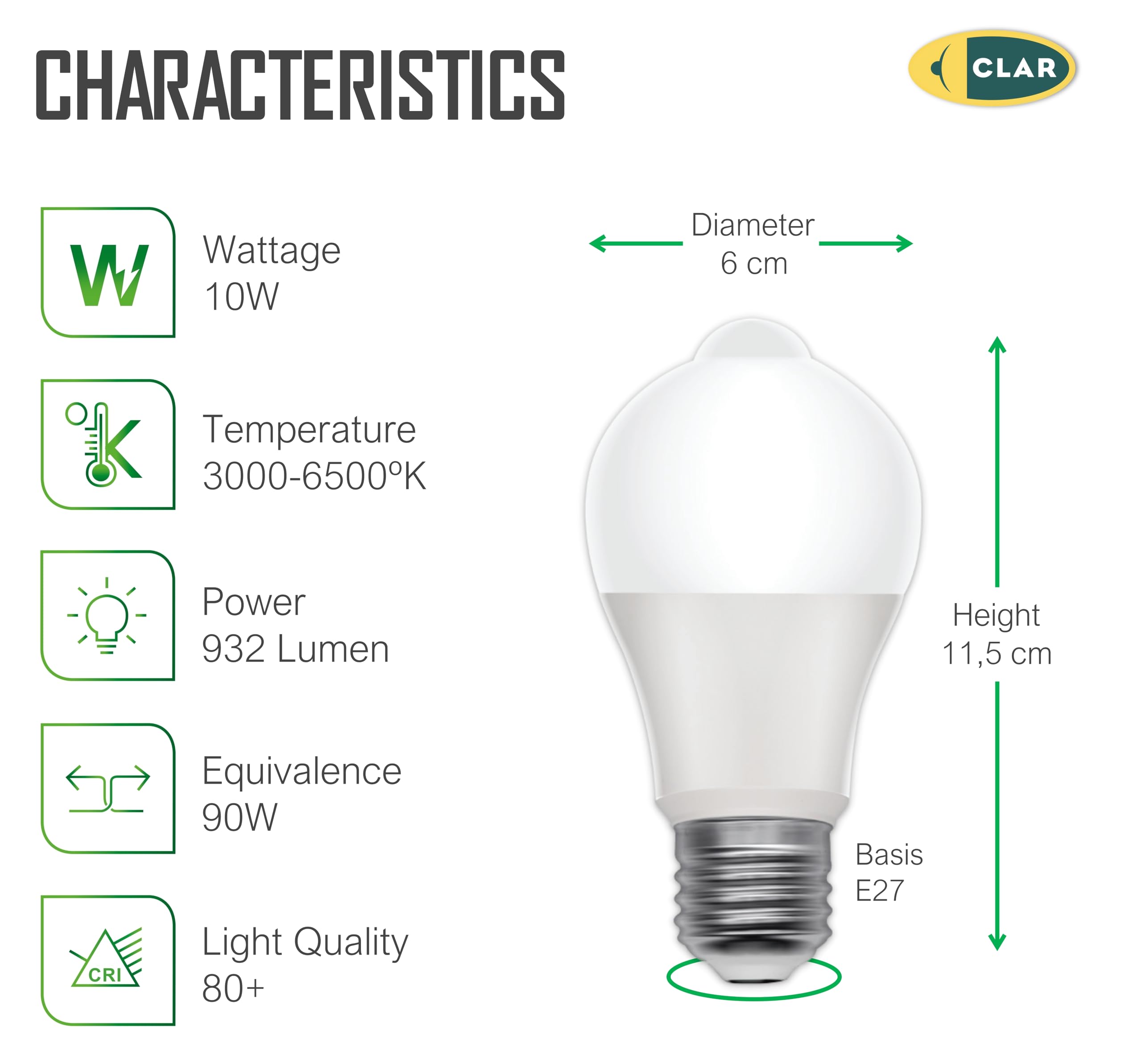 CLAR - Lampadina con sensore di movimento E27, accensione automatica, 10W 3000K Bianco Caldo, per interno corridoio/garage (Pack 10)
