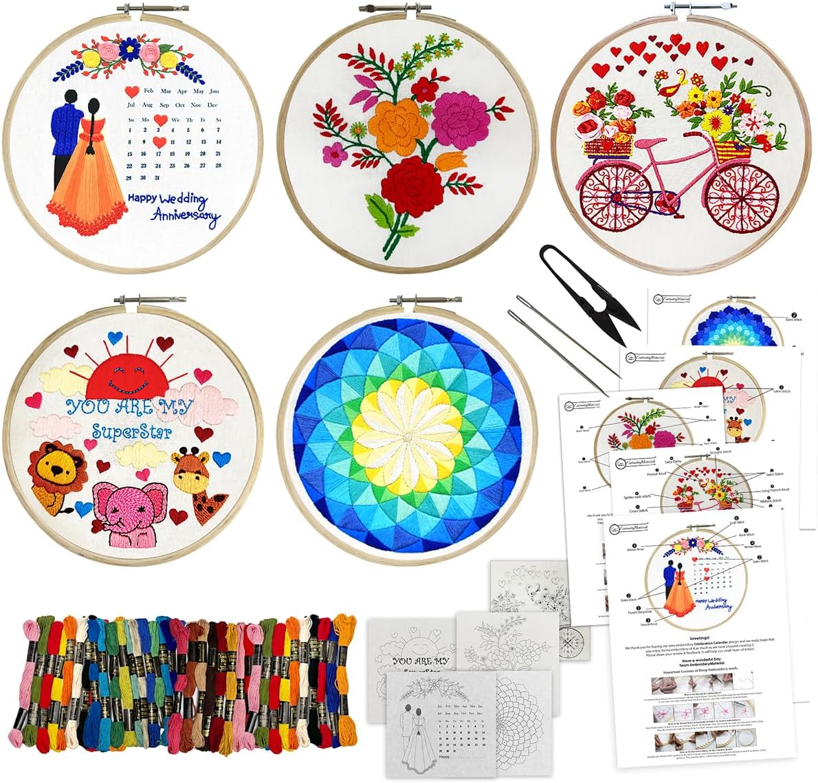 - Embroiderymaterial Combo of 5 Embroidery Kit for Beginners and Adults - Stitch and Cross Stitch Kit - DIY Art and Craft Kit with Embroidery Cloth, Hoops & Materials - Perfect Stitching and Fabric kit