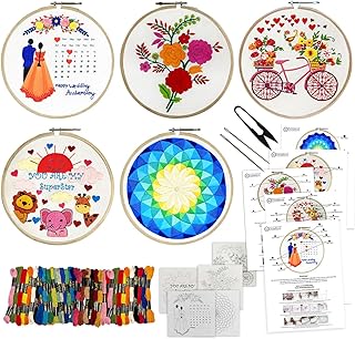 Embroiderymaterial Combo of 5 Embroidery Kit for Beginners and Adults - Stitch and Cross Stitch Kit - DIY Art and Craft Kit with Embroidery Cloth, Hoops & Materials - Perfect Stitching and Fabric kit
