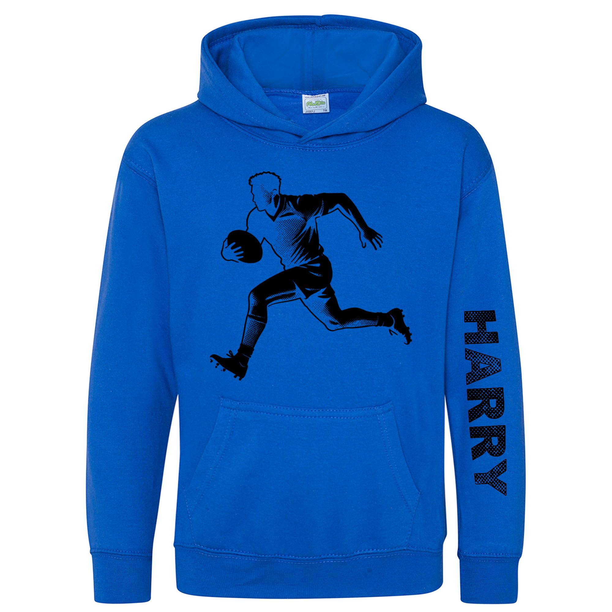 Personalised Rugby Fan Boys Hoodie - Rugga Player Dot Design Kids Hooded Top for Son or Nephew - Custom Name Sleeve Print - Young Rugger Fans Sports Lover Gift, 9-11 Years, Royal