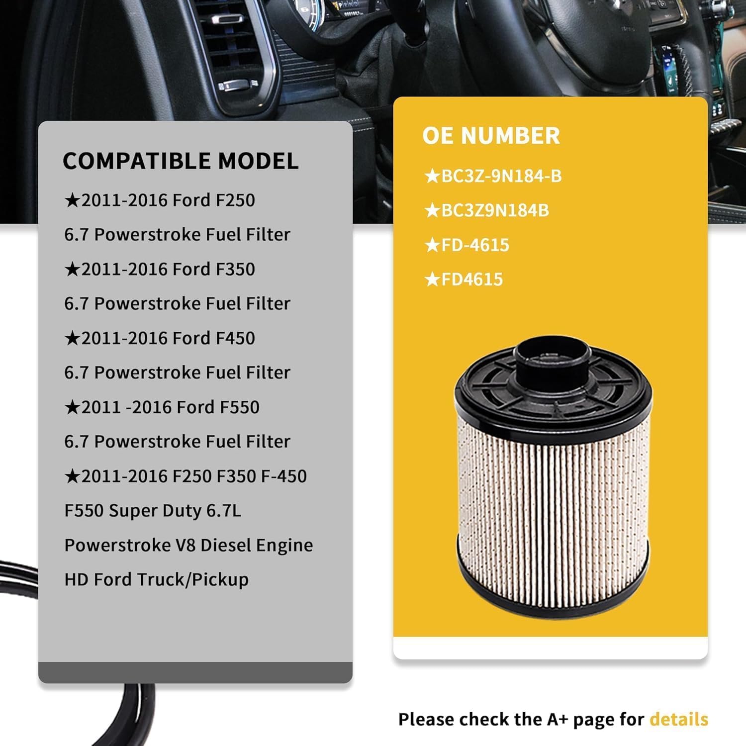 FD-4615 6.7 Powerstroke Fuel Filter Compatible with 2011 2012 2013 2014 2015 2016 Ford F250 F350 F450 F550 Super Duty 6.7L V8 Diesel Fuel Filter Water Separator Replace Motorcraft FD4615 BC3Z-9N184-B