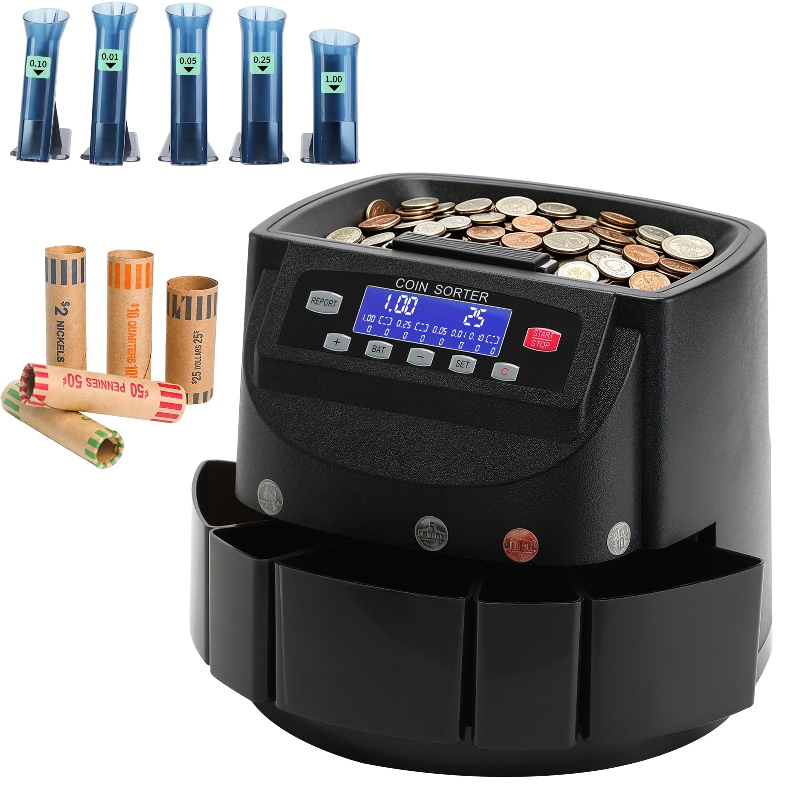 Münzzähler, 270 Münzen/Min, USD-Münzsortierer und -verpackungsmaschine, Kapazität 300 Münzen mit LCD-Display, automatischer Wechselzähler für 1¢ 5¢ 10¢ 25¢ $1, inklusive 5 Münzbehältern, 5 Röhren und