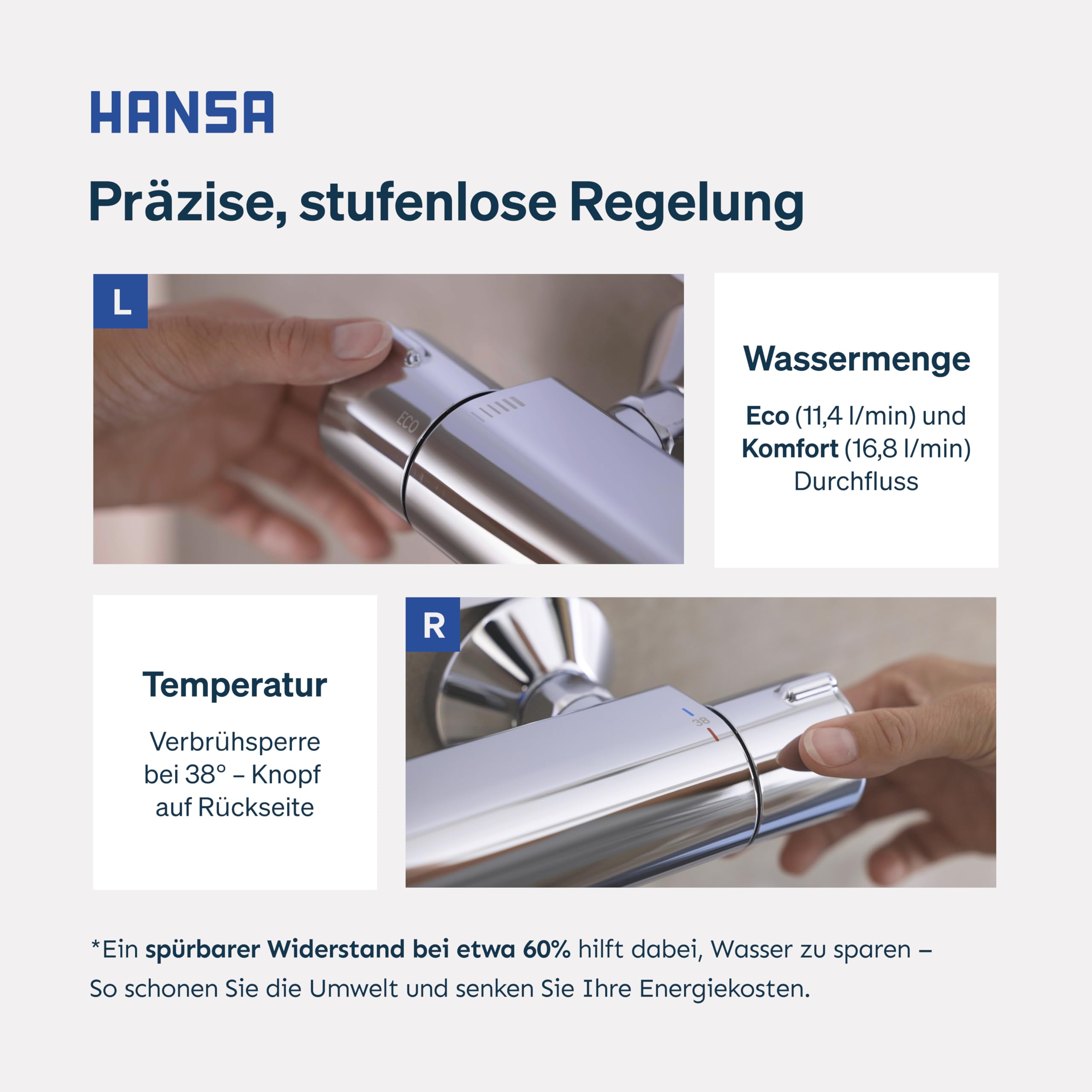HANSA MICRA Duschsystem | Duscharmatur Komplettset aus Thermostat, schwenkbarer Regendusche, Duschkopf mit Schlauch und wasserführender Duschstange | Kopfbrause & Handbrause mit 3 Strahlarten | Chrom