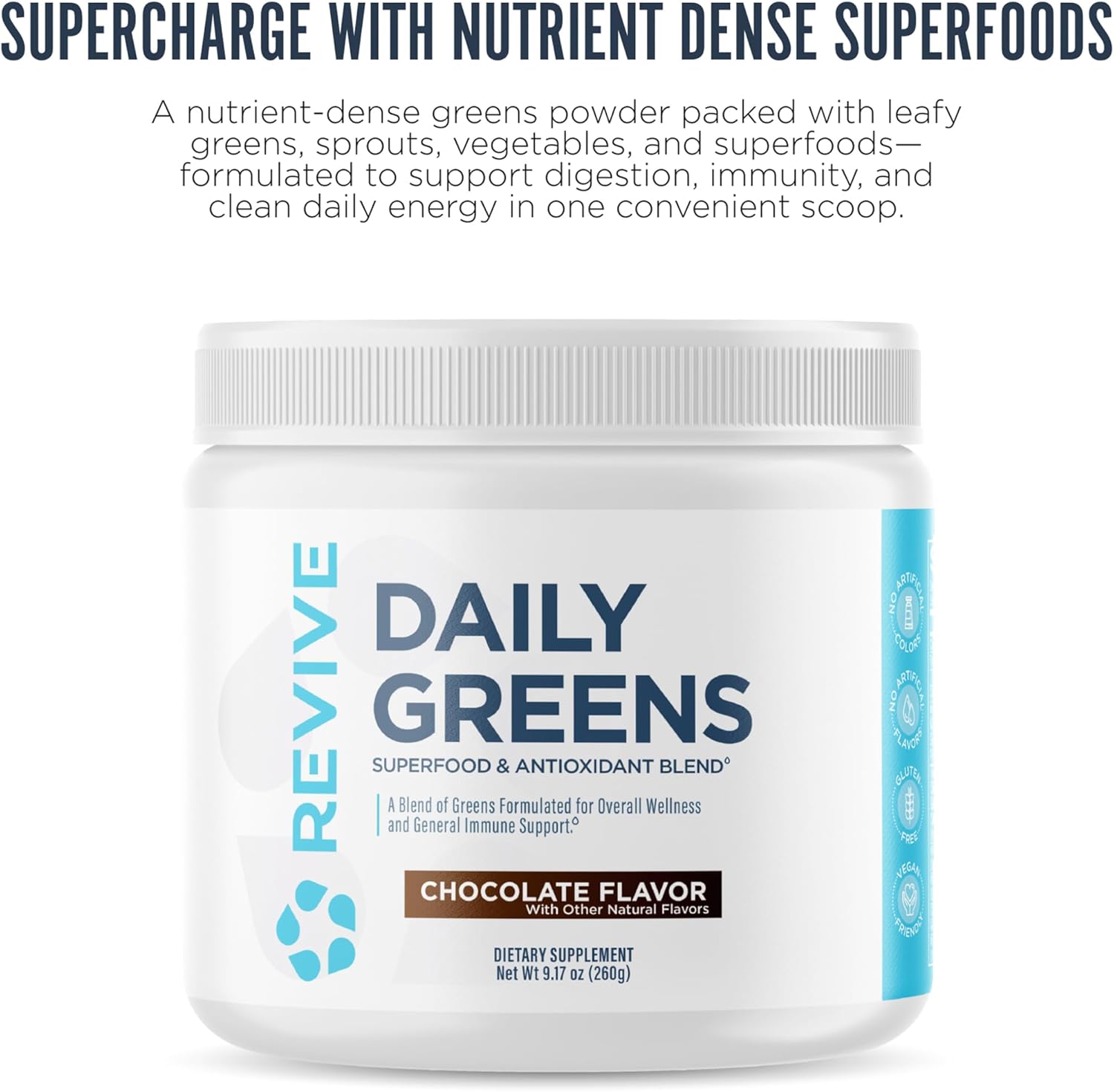Revive MD Daily Greens Powder, Chocolate – Superfood & Antioxidant Blend for Energy, Gut Health & Immunity – Greens Supplement with Vitamins, Minerals, Digestive Enzymes & Probiotics (20 Servings)