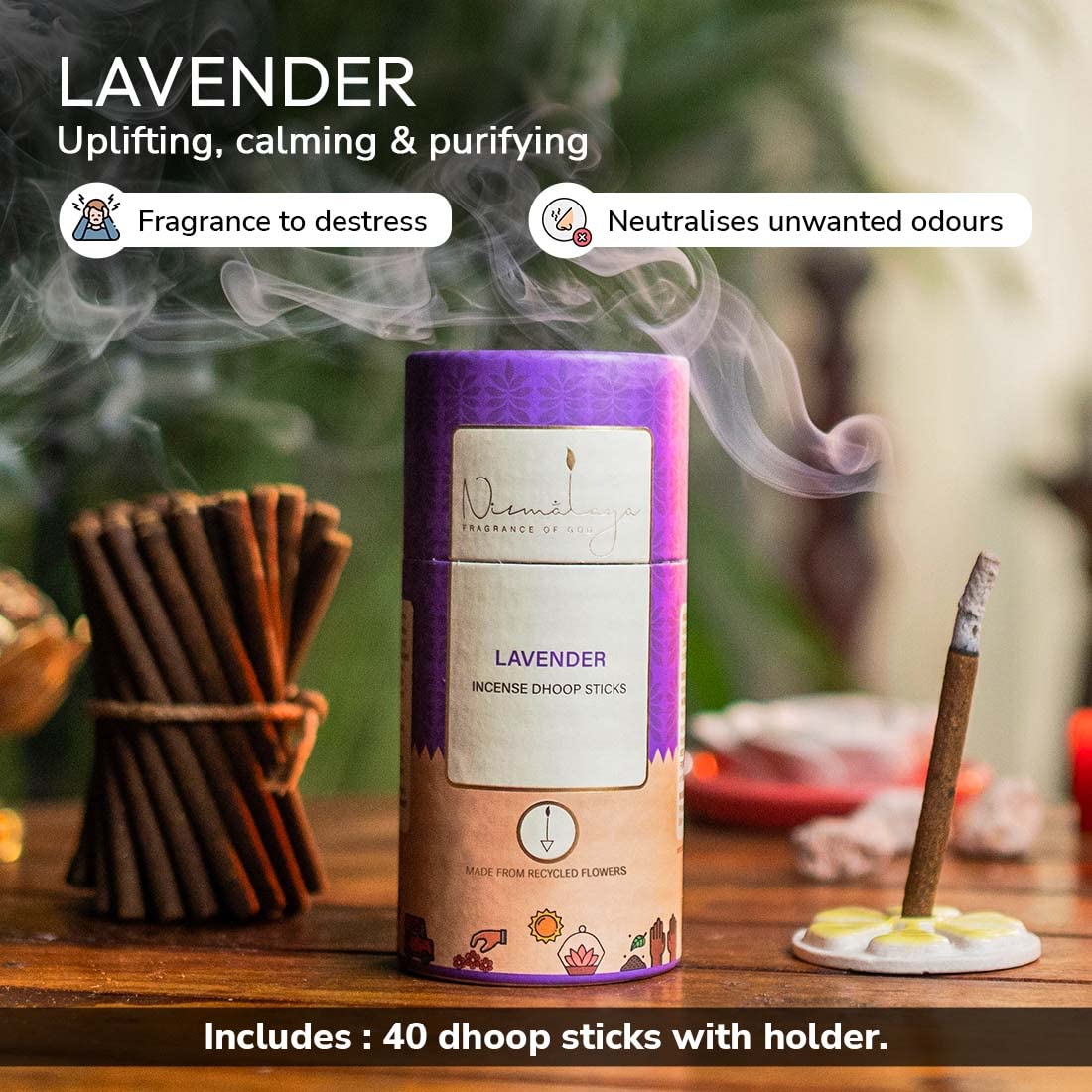 Nirmalaya 100% Natural Lavender Dhoop Sticks for Pooja 40 Sticks | Bamboo Less Dhoop Sticks for Home/Office | Dhup for Puja with Holder Stand | Best for Long Lasting Fragrances Nirmalaya 100% Natural Lavender Dhoop Sticks for Pooja 40 Sticks | Bamboo Less Dhoop Sticks for Home/Office | Dhup for Puja with Holder Stand | Best for Long Lasting Fragrances