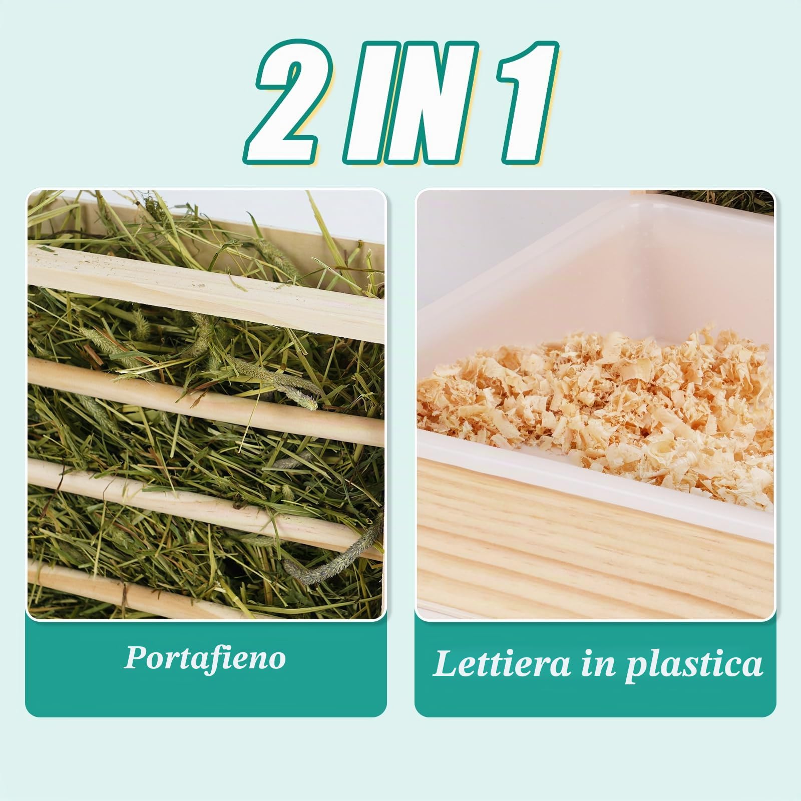 Mangiatoia 2 in 1 per conigli, in legno, con lettiera per gatti, per criceti, conigli in legno, per animali di piccola taglia
