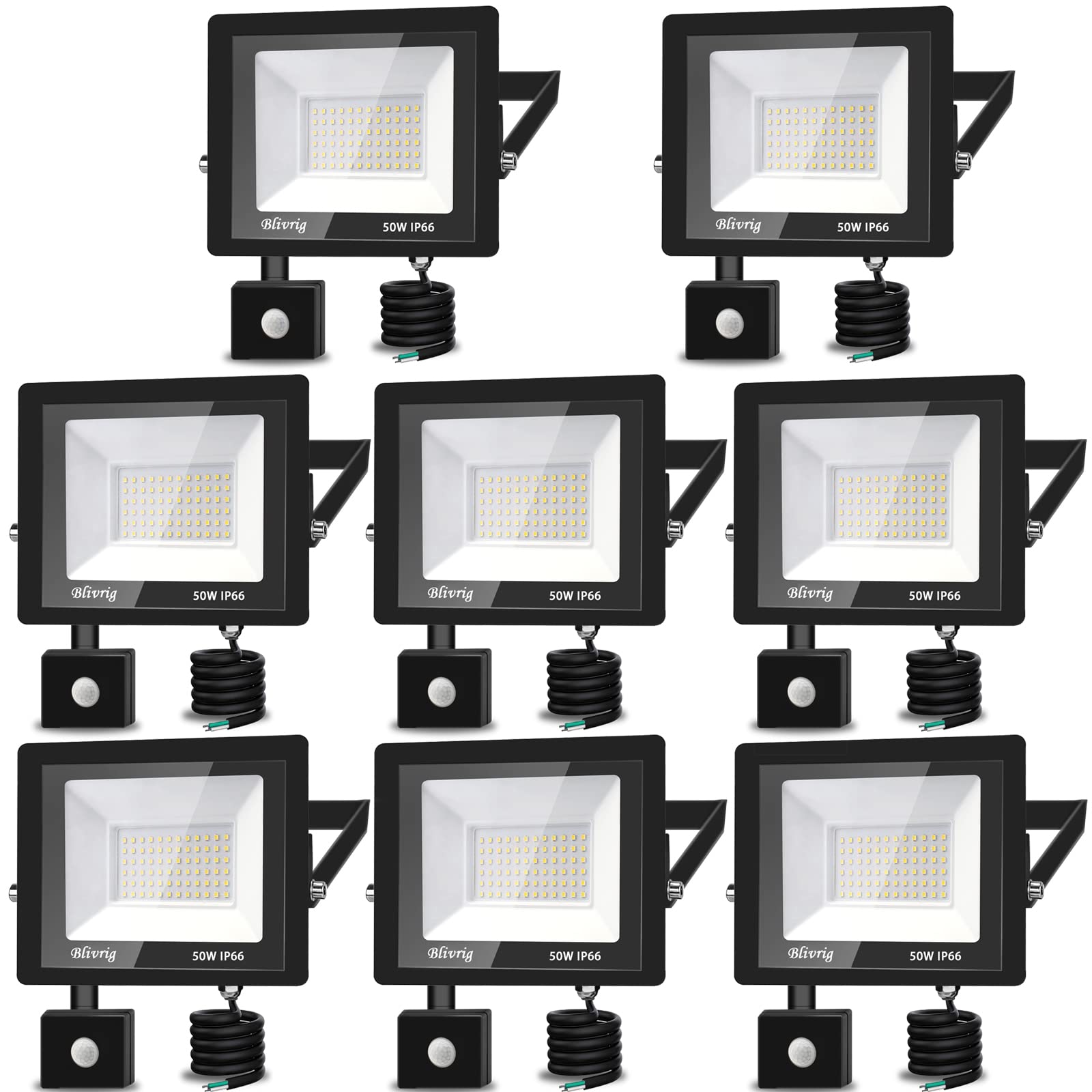 LED Strahler mit Bewegungsmelder 50W 8 Stück, 5000 Lumen Außenleuchte, 6000K Kaltweiß Strahler LED Bewegungsmelder, Außenstrahler IP66 Wasserdicht, Außenlampe für Garten, Innenhöfe, Garage, Flu