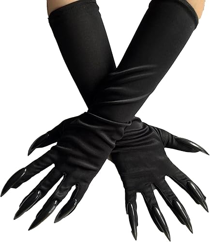 HANSAMU Disfraz de Halloween de gato y mujer, guantes de garra, guantes de pata de uñas largas, guantes de fiesta negros, garras de gato, accesorios